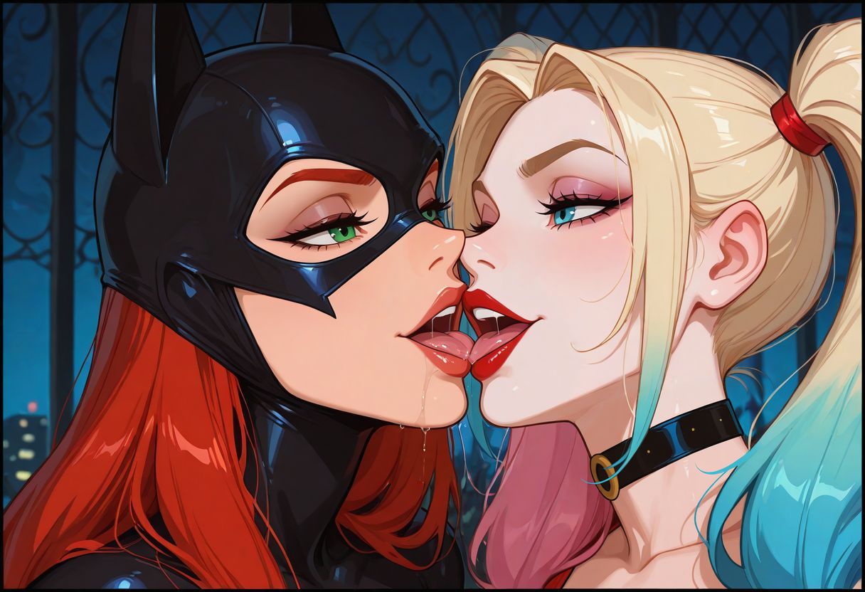 2girls, ai generated, barbara gordon, batgirl, batgirl (barbara gordon), batman (series), blonde hair, blue eyes, blue highlights, choker, dc, dc comics, drool, drool on face, drooling, female, female only, green eyes, harley quinn, lesbian, lesbian kiss, light skin, light-skinned female, mask, masked, masked female, mouth open, pigtails, pink eyeshadow, pink highlights, red hair, red lipstick, tongue, tongue out, yuri