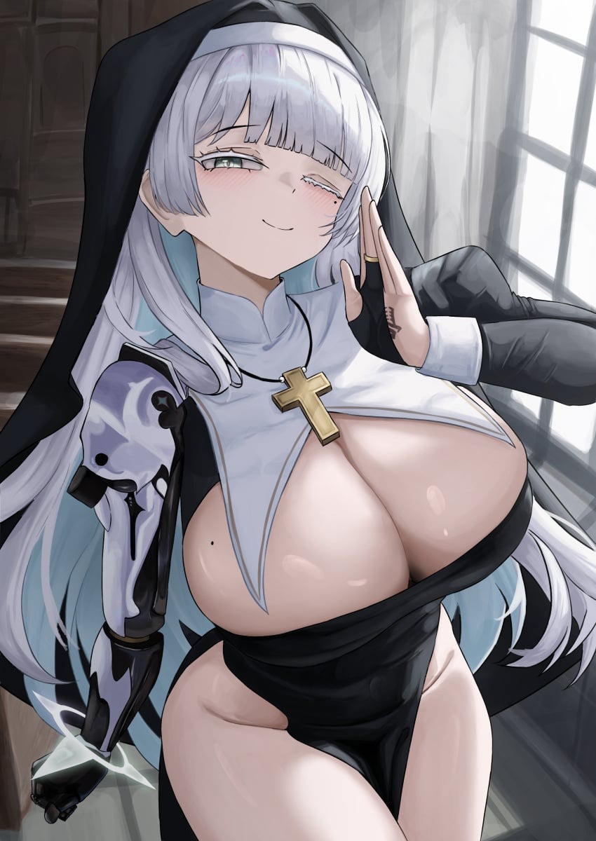 alternate breast size, breasts, bridal gauntlets, cleavage, dress, goddess of victory: nikke, huge breasts, indoors, jewelry, long hair, looking at viewer, nayuta (nikke), necklace, nun, small chair (xiaosaiyi33818), smile, thighs, veil