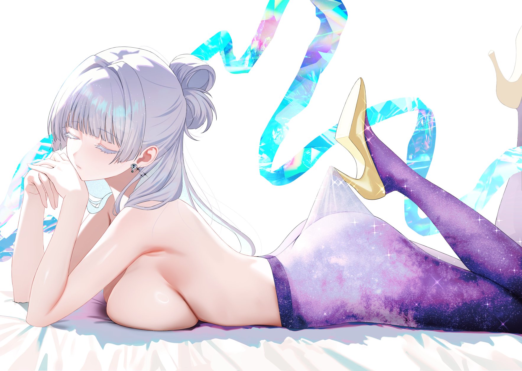 2025, artist request, cute female, goddess of victory: nikke, heels, lace pantyhose hooked on heel (meme), nayuta (nikke), nayuta (wu wei) (nikke), no bra, pantyhose