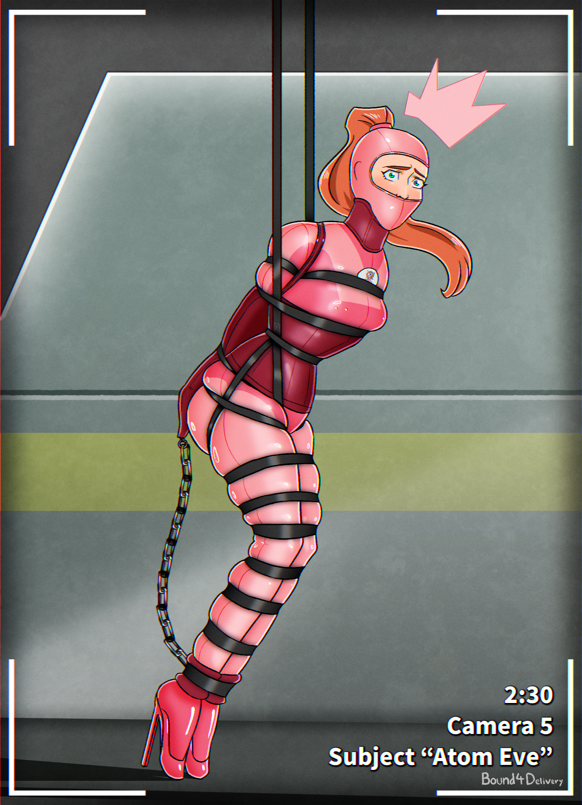 1girls, ankle cuffs, armbinder, arms behind back, arms bound, arms bound behind back, arms restrained, arms tied, arms tied behind back, arms tied to legs, atom eve, ballet heels, belt, belt bondage, bodysuit, bondage, bound, bound arms, bound legs, bound4delivery, captured, captured heroine, captured superheroine, chain, chained, chains, collar, corset, english text, eyes open, female, female only, femsub, gimp mask, gwen hood, heels, high heels, hood, hooded, hopping, invincible, invincible (tv series), jumping, latex, latex bodysuit, latex clothing, latex suit, legs bound, legs restrained, legs tied, legs tied together, legs together, orange hair, orange hair female, orange-haired female, pink, pink bodysuit, pink latex, ponytail, ponytail female, posture collar, restrained, restrained arms, restrained legs, restraints, scared, scared expression, scared face, solo, solo female, superhero, superheroine, text, tied, tied arms, tied legs, tied up, tight clothing, tightly bound, unhappy, unhappy female, very high heels