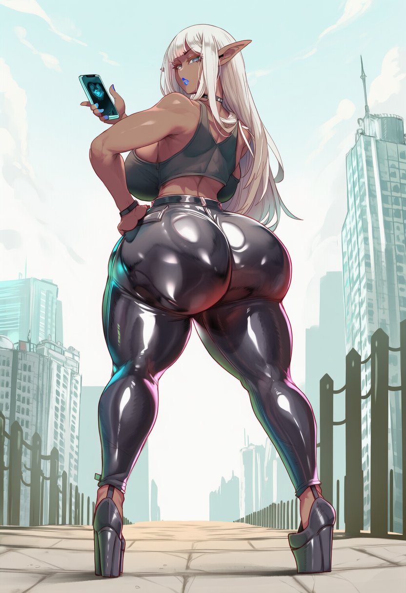 ai generated, artist request, big ass, big breasts, big butt, big thighs, blonde hair, blue eyes, blue lipstick, blue makeup, blue nail polish, blush, blushing at viewer, body writing, bra, breasts, bubble ass, bubble butt, commission, curvaceous, curvy female, curvy figure, dark-skinned female, drunk, elf, elf ears, elf female, female, grabbing own ass, high heels, imminent sex, latex, latex leggings, leather, leather leggings, leggings, lipstick, looking at back, looking at viewer, makeup, massive ass, nail polish, oblivion, oc, original, phone, prostitute, prostitution, pulling down pants, sideboob, skyrim, spreading ass, suggestive look, suggestive pose, the elder scrolls, thick ass, thick butt, thick hips, thick legs, thick thighs, tubetop, warcraft, white hair, wide hips, world of warcraft, yumi dark elf