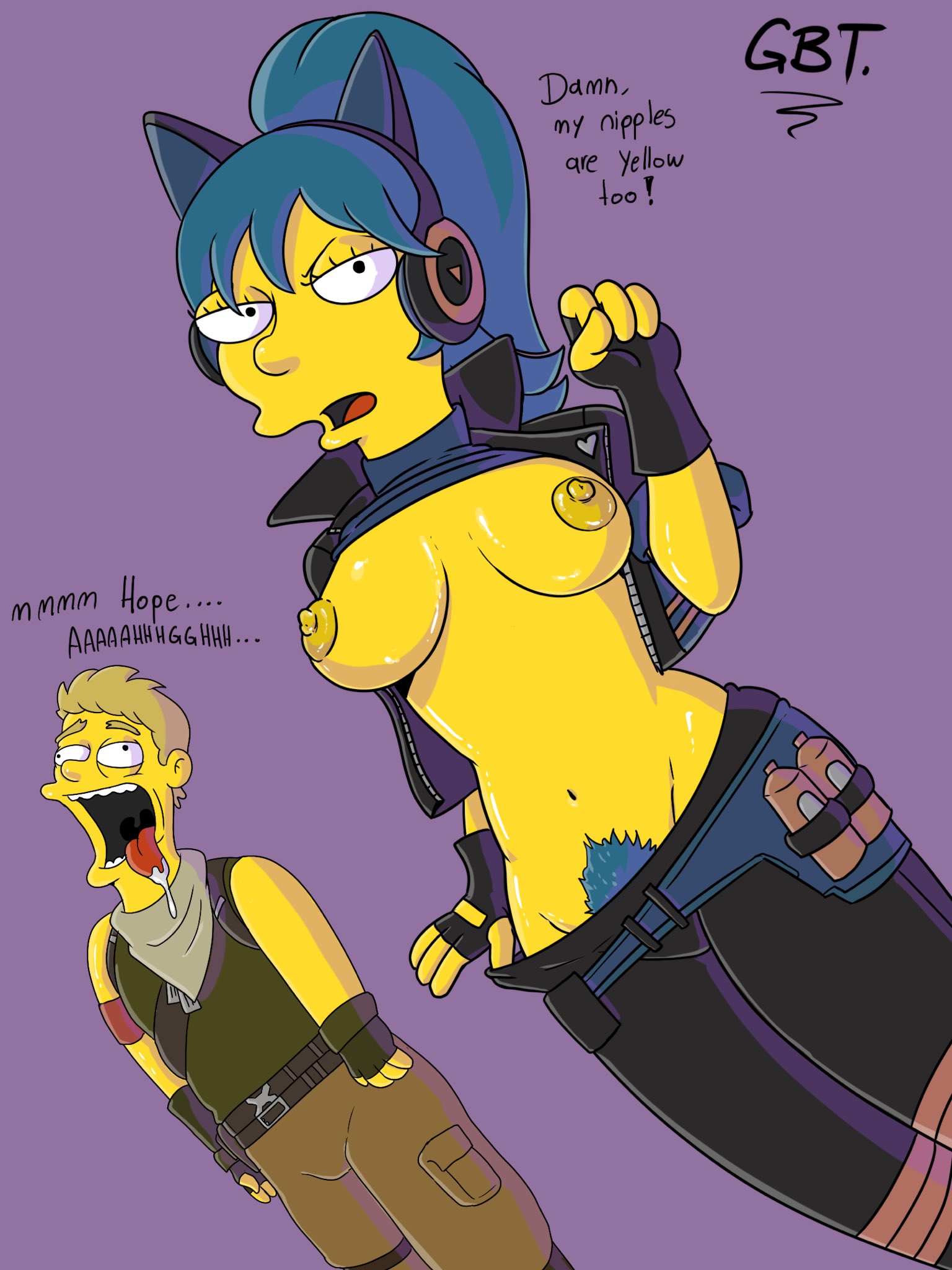 1boy, 1girls, artist request, fortnite, hope (fortnite), jonesy (fortnite), nude, simpsons hope (fortnite), simpsons jonesy (fortnite), the simpsons