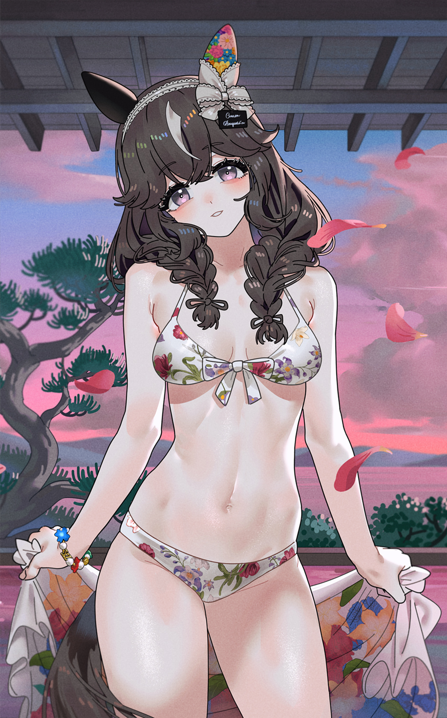 1girls, belly, black hair, braided hair, curren bouquetd'or (umamusume), long hair, looking at viewer, medium breasts, swimsuit, umamusume