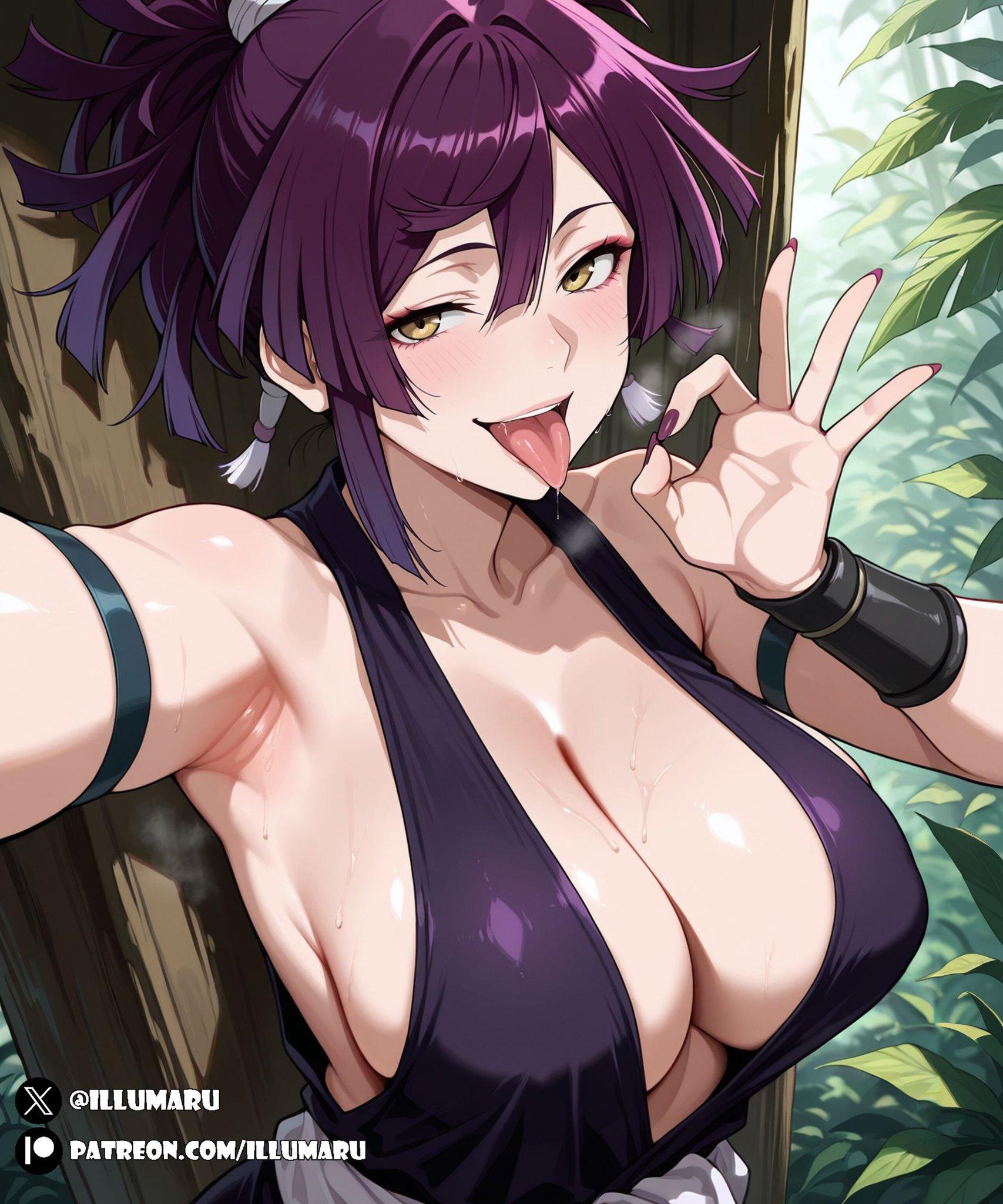 1girls, 2025, ai generated, armpits, arms up, cleavage, detailed, fellatio gesture, female, female only, hi res, illumaru, jigokuraku, large breasts, light skin, light-skinned female, looking at viewer, patreon username, purple eyes, purple hair, selfie, solo, stable diffusion, upper body, yuzuriha (jigokuraku)
