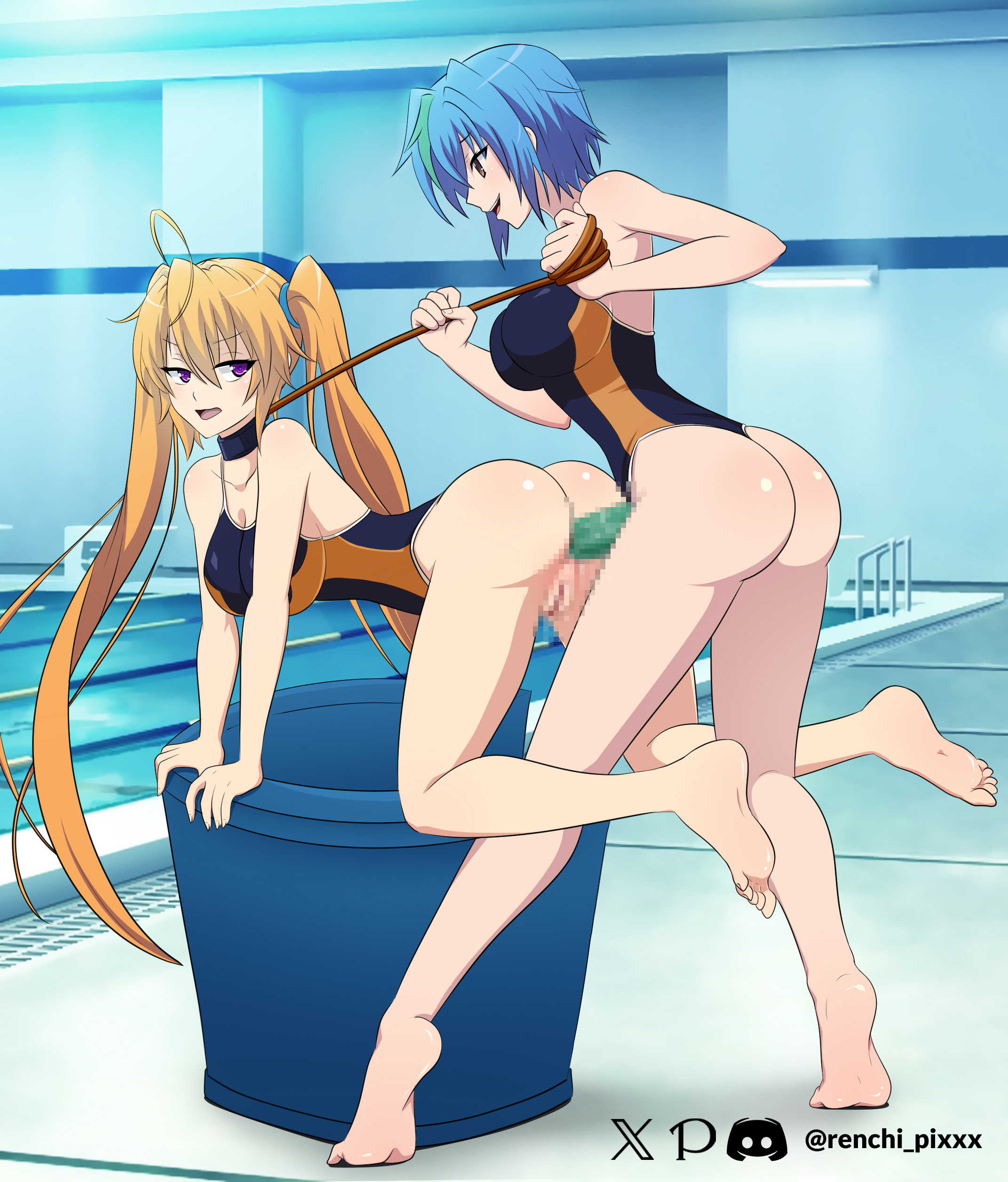 2girls, anal, anal penetration, anal sex, bare shoulders, barefoot, big breasts, blue hair, bottomless female, breasts, censored anus, censored dildo, censored pussy, collar, dildo, dildo in pussy, dildo penetration, discord logo, feet in air, female only, female/female, green strand of hair, high school dxd, large breasts, lesbian sex, light brown hair, looking back at another, patreon logo, penetration, pixiv username, purple eyes, renchi pixxx, shidou irina, standing on tip toes, swimming pool, swimsuit, swimwear, twintails, twintails (hairstyle), twitter logo, xenovia quarta, yellow eyes, yuri