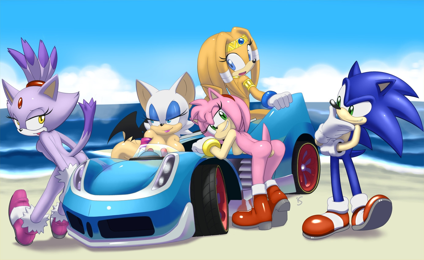 amy rose, beach towel, blaze the cat, casual, female, footwear, group, handwear, handwear and footwear only, male, naked footwear, ocean, rockthebull, rouge the bat, sonic (series), sonic & all stars racing transformed, sonic & sega all stars racing, sonic racing crossworlds, sonic the hedgehog, sonic the hedgehog (series), speed star, speedster, speedster lightning, tikal the echidna