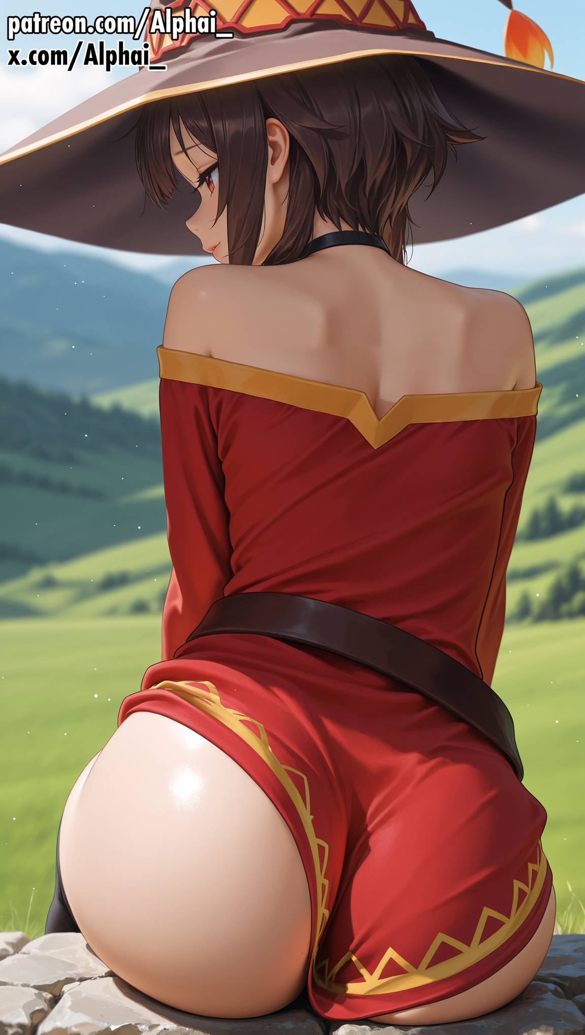 2025, 2026, absurd res, absurdres, ai generated, alphai, ass, ass focus, back view, bare shoulders, blush, brown hair, centered character, cinematic lighting, colorful background, covered ass, depth of field, detailed background, detailed hair, detailed skin, dramatic shadows, female, female only, from behind, high quality, high resolution, highres, kono subarashii sekai ni shukufuku wo!, konosuba, long sleeves, megumin, naughty face, no panties, off shoulder, only one buttock visible, outdoors, particles, patreon, raised eyebrows, semirealistic, short hair, sitting, skindentation, solo, thighhighs, volumetric lighting, witch hat