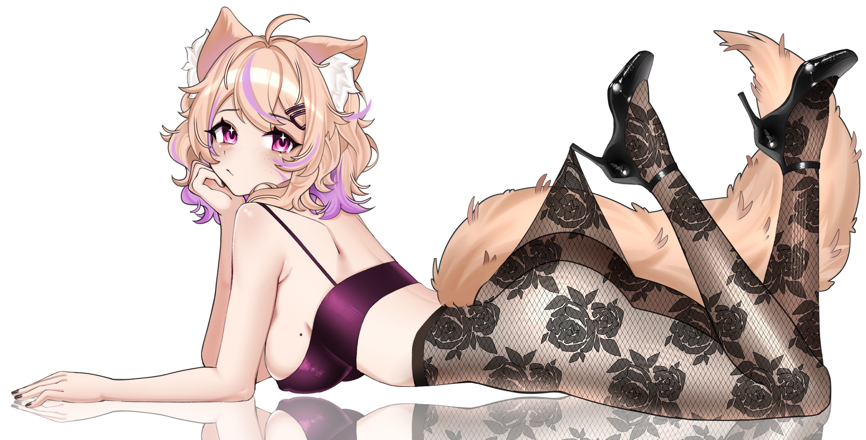 animal ear fluff, animal ears, ass, bare arms, bare shoulders, black footwear, blonde hair, blush, breasts, eyebrows visible through hair, female, hair ornament, high heels, lace pantyhose hooked on heel (meme), large breasts, looking at viewer, lying, meme, multicolored hair, on stomach, pants, pink hair, purple eyes, short hair, solo, squchan (vtuber), streaked hair, tail, virtual youtuber, vyugen, white background