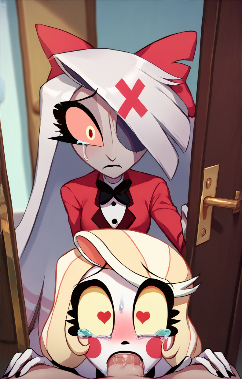 ai generated, charlie morningstar (hazbin hotel), deepthroat, hazbin hotel, heart-shaped pupils, netorare, vaggie (hazbin hotel)