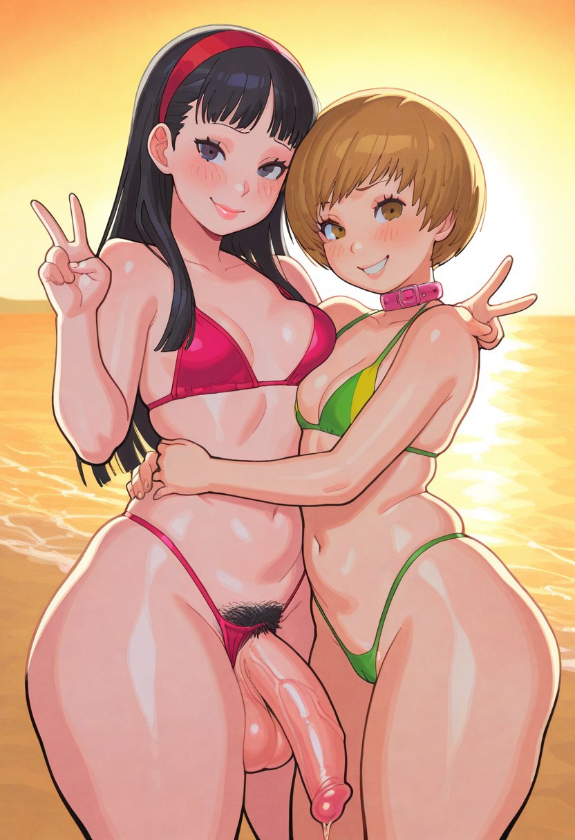 ai generated, amagi yukiko, beach, bikini, collar, exposed penis, futa on female, futa with female, futanari, majorhooky, persona, persona 4, pubic hair, satonaka chie