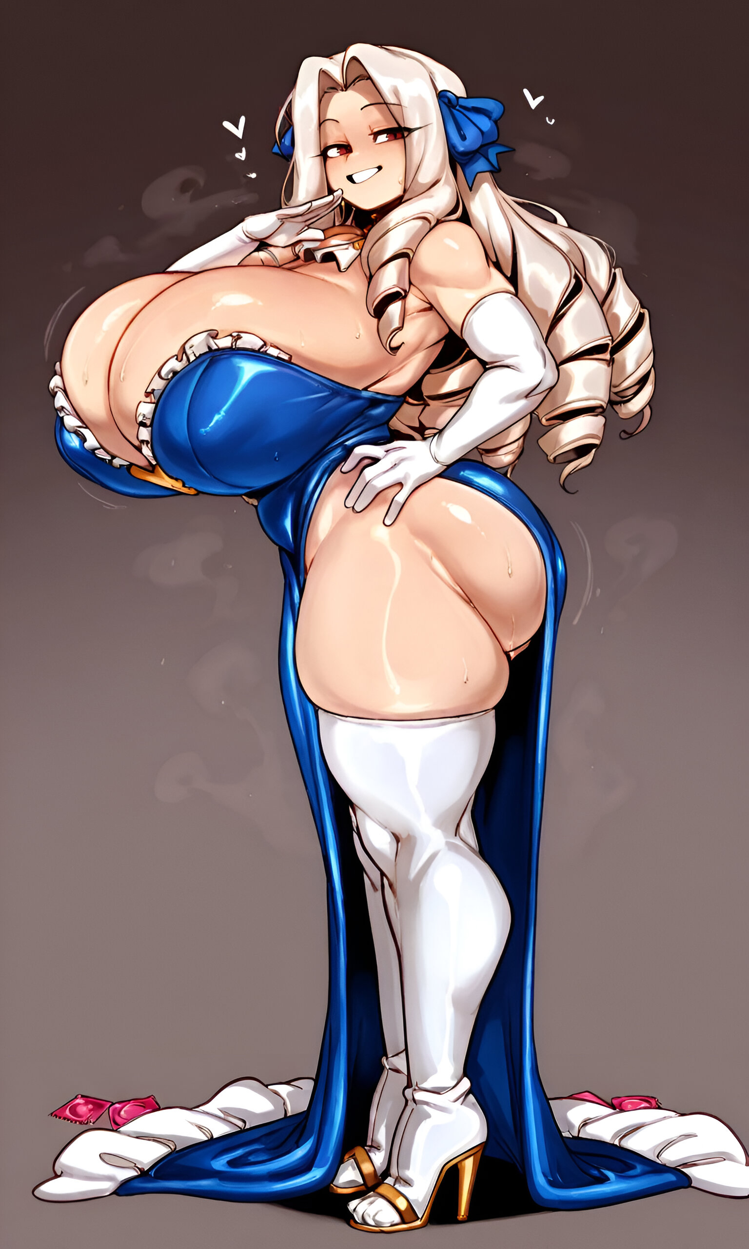 1girls, ai generated, ass, breasts, cleavage, cosplay, dress, drill hair, fate (series), fate/stay night, female, female only, from side, gigantic breasts, high heels, huge ass, huge breasts, hyper breasts, irisviel von einzbern, light-skinned female, luviagelita edelfelt, ojou-sama pose, red eyes, solo, white hair