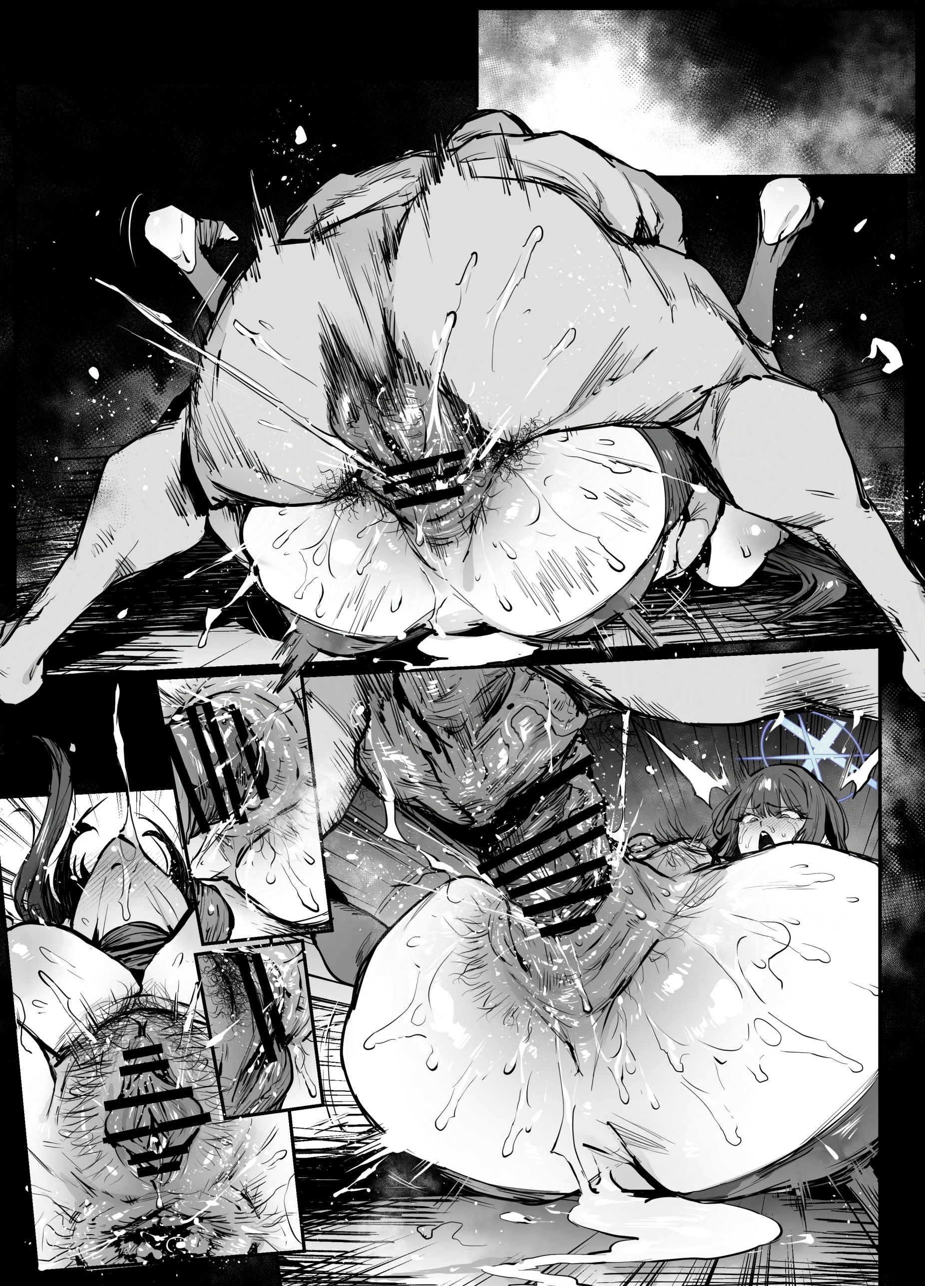 1boy, 1girls, anal, anal juice, anal sex, blue archive, censored, cum pool, cum puddle, detailed anus, detailed pussy, hairy anus, hairy pussy, large ass, large penis, leaking anus, leaking pussy, mating press, penis, prolapse, prolapsed anus, pussy, saori (blue archive), squirt, swollen anus, swollen pussy, testicles, thirty 8ght