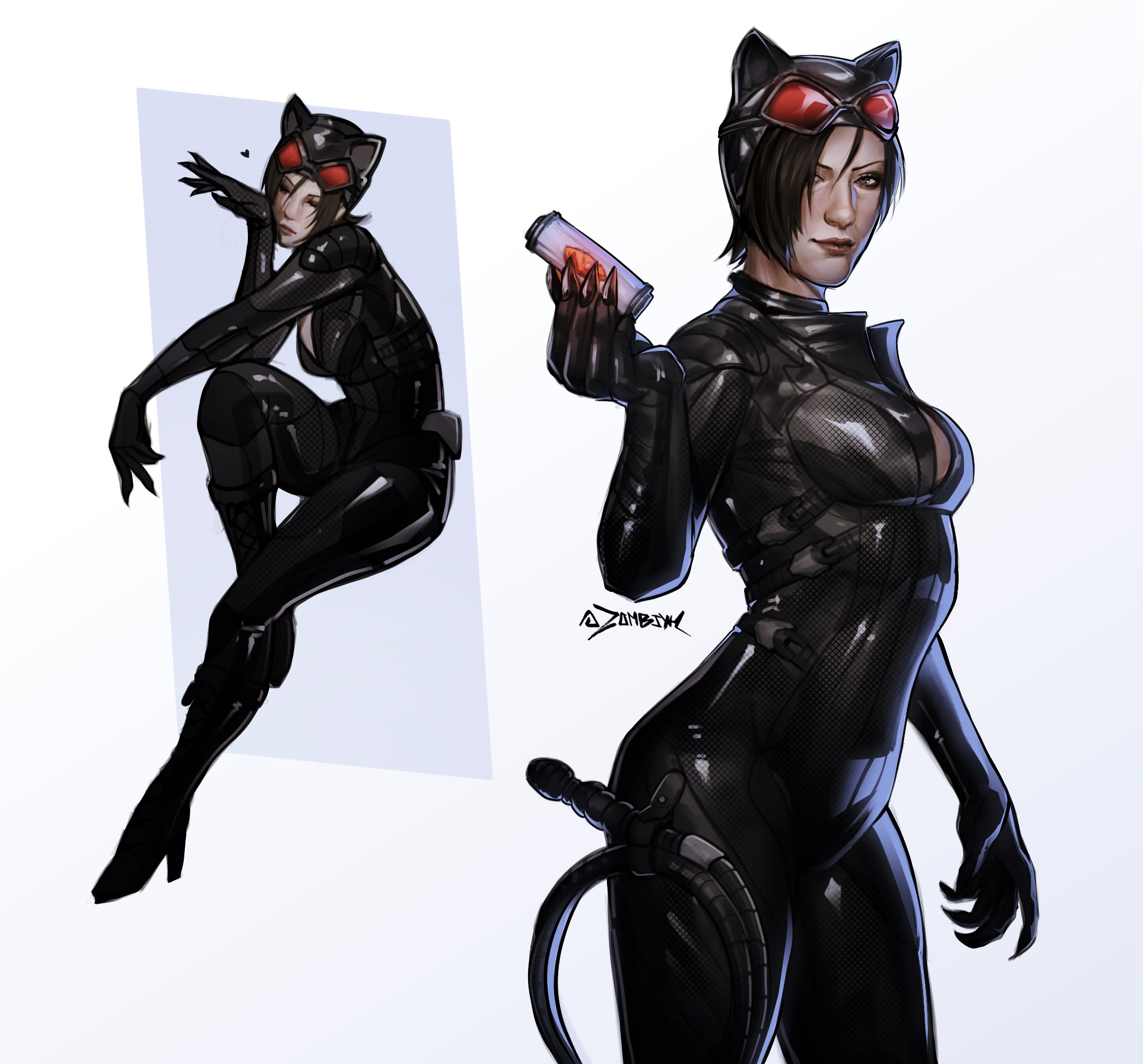 1girls, 2d, 2d (artwork), ada wong, ada wong (ty brenneman), batman (series), capcom, cat ears, catsuit, catwoman (cosplay), dc comics, female, leather, leather clothing, resident evil, resident evil 6, short hair, solo, solo female, zombiyh