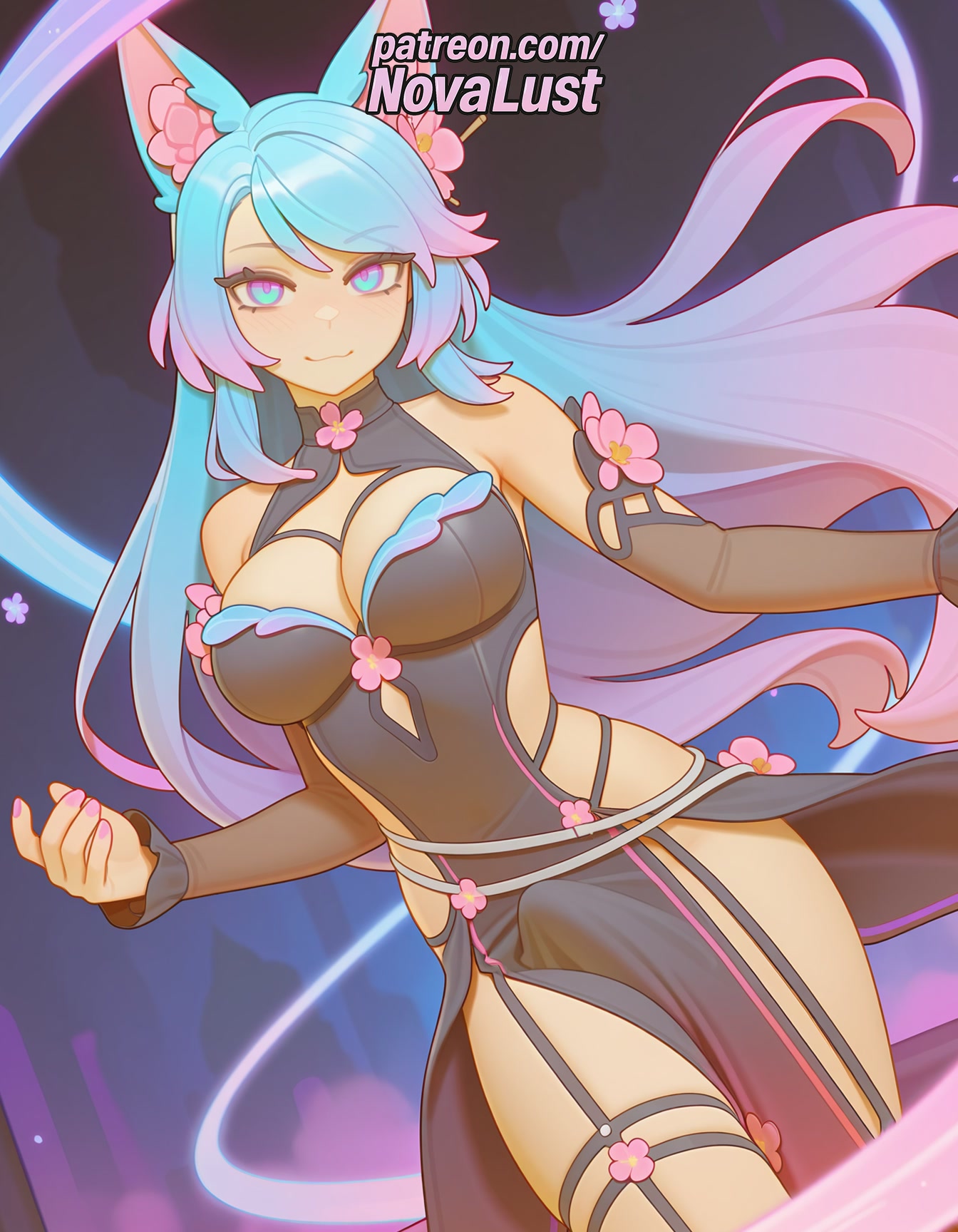 1futa, 2025, ai generated, animal ears, artist name, blue hair, breasts, bust, chest, dress, futanari, hair ornament, hi res, high quality, high resolution, highres, long hair, novalust, patreon, patreon username, silvervale, smile, solo, stable diffusion, virtual youtuber, watermark