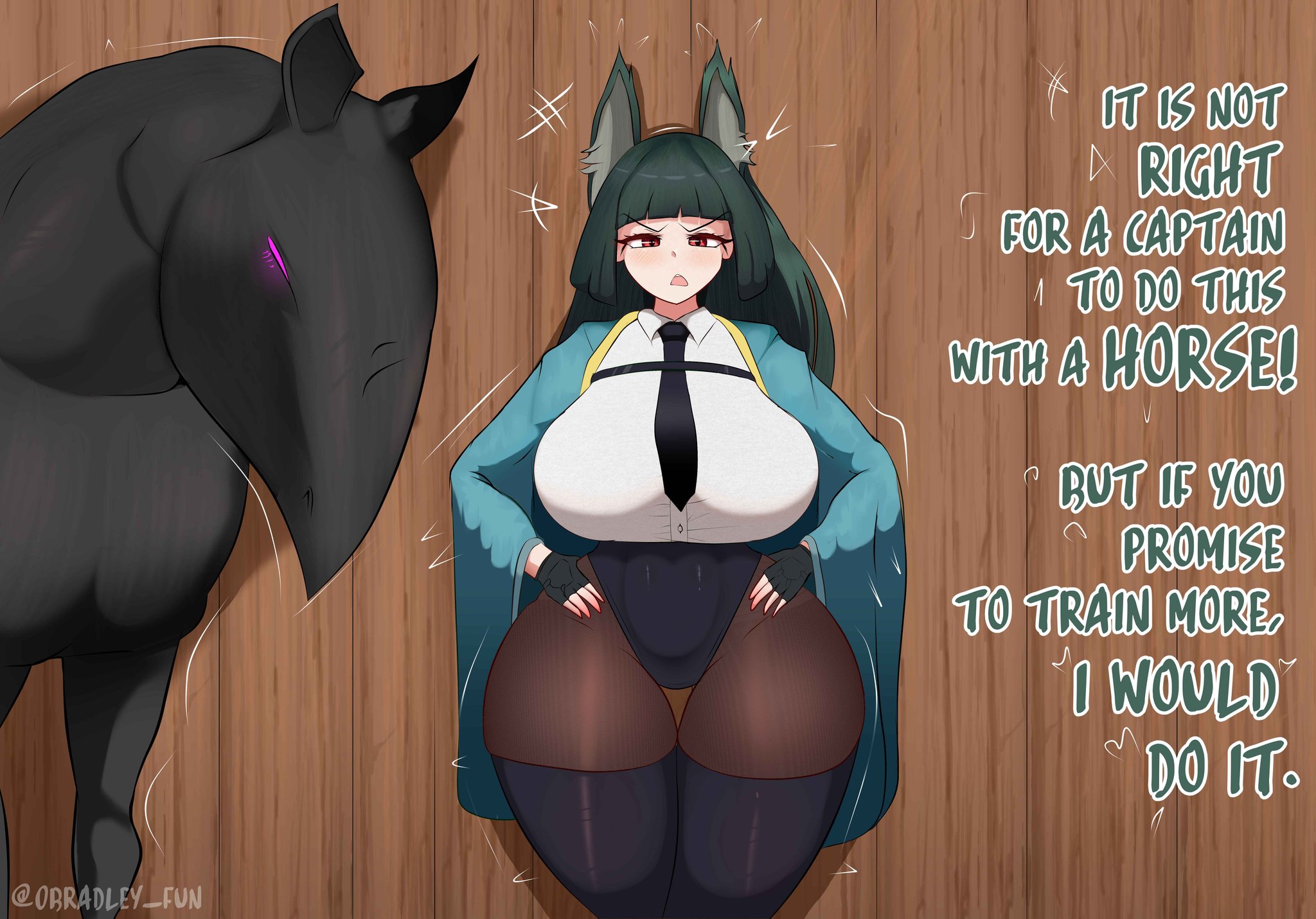 1girls, bestiality, big ass, big boobs, big breasts, big butt, bradleyfun?, breasts, equid, equine, ethereal (zenless zone zero), fox ears, fox girl, gigantic ass, gigantic breasts, gigantic butt, gigantic nipples, horse, hoshimi miyabi, text, thick thighs, zenless zone zero, zoophilia