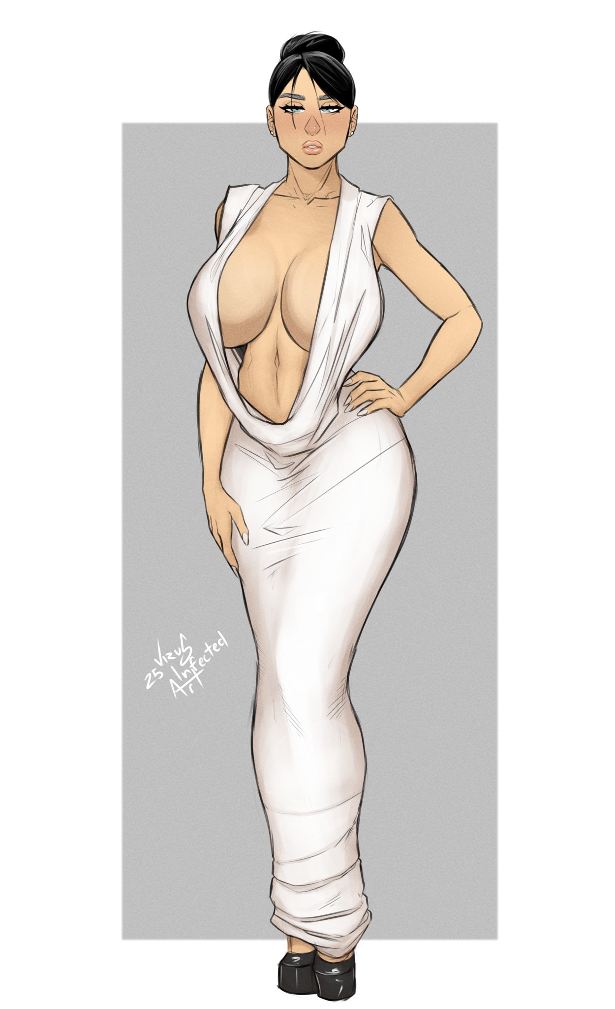 2025, 2d, big breasts, black hair, blue eyes, breasts, busty, cleavage, deep cleavage, dress, female, female focus, female only, full body, hourglass figure, large breasts, long hair, scarlett aurora (virus infected art), standing, tagme, tied hair, virus infected art, wide hips