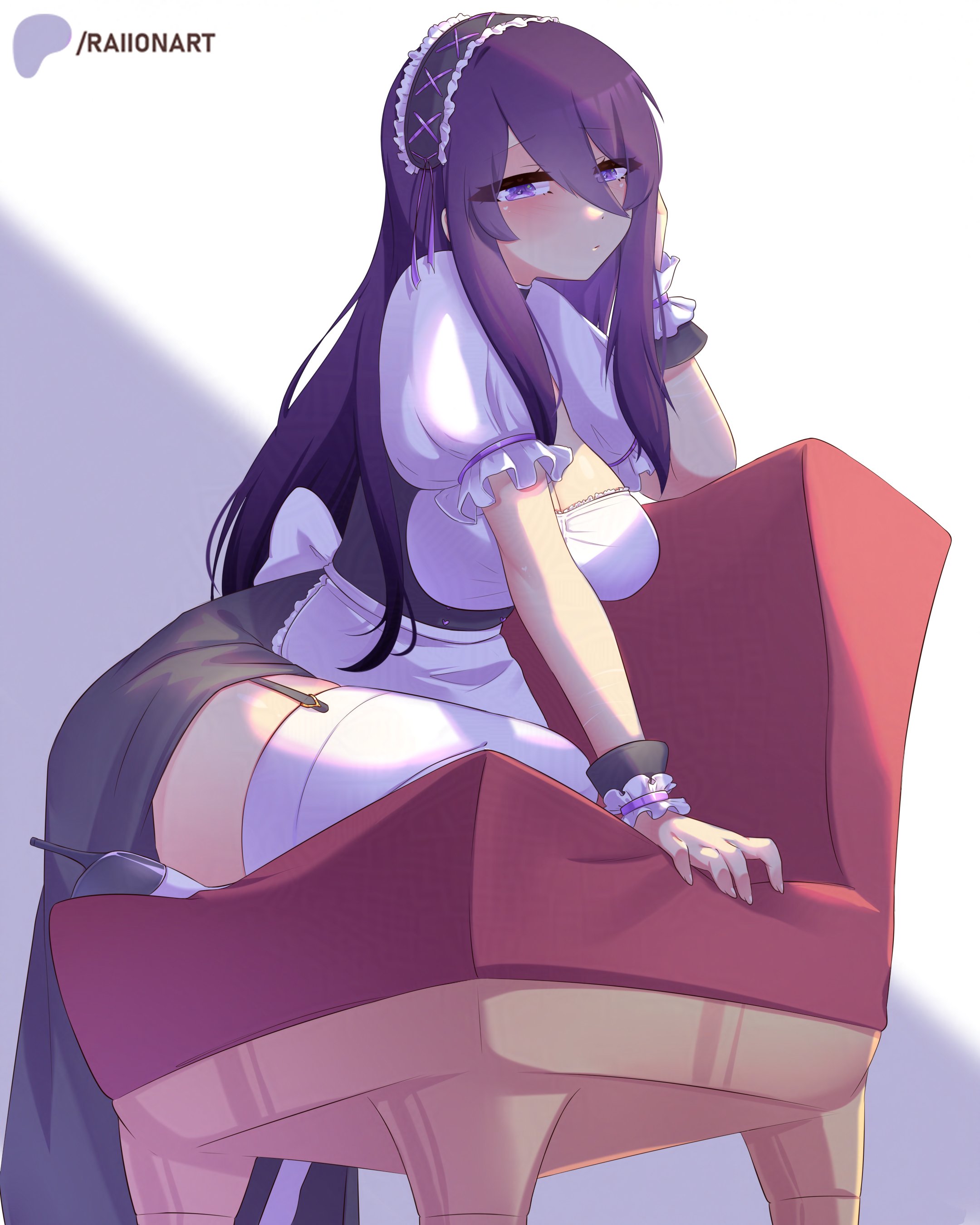1girls, armchair, cleavage, doki doki literature club, frills, garter straps, heels, high heels, large breasts, long hair, looking at viewer, maid, maid headdress, patreon username, purple eyes, purple hair, raionart, red furniture, sitting, thighhighs, yuri (doki doki literature club)