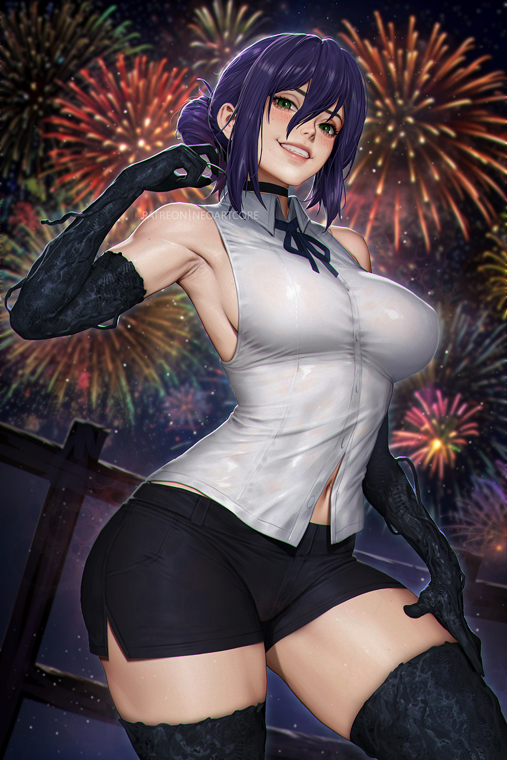 2d, 2d (artwork), alternate version available, ass grab, axillary tail of spence, bending knees, big breasts, black pants, breasts, breasts out, chainsaw man, clothed female, dark hair, erotic, female, female focus, female only, girly, gloves, green eyes, highs, hips, light skin, light-skinned female, looking at viewer, navel, neoartcore, nipples, nipples visible through clothing, pointy nipples, posing, posing for the viewer, purple hair, reze, reze (chainsaw man), ribbon, short hair, short pants, short sleeves, shoulders, smile, smiley face, smiling, smiling at viewer, socks, solo, solo female, thick thighs, thighhighs, thighs, tights, tiny waist, touching thigh, waist, white shirt