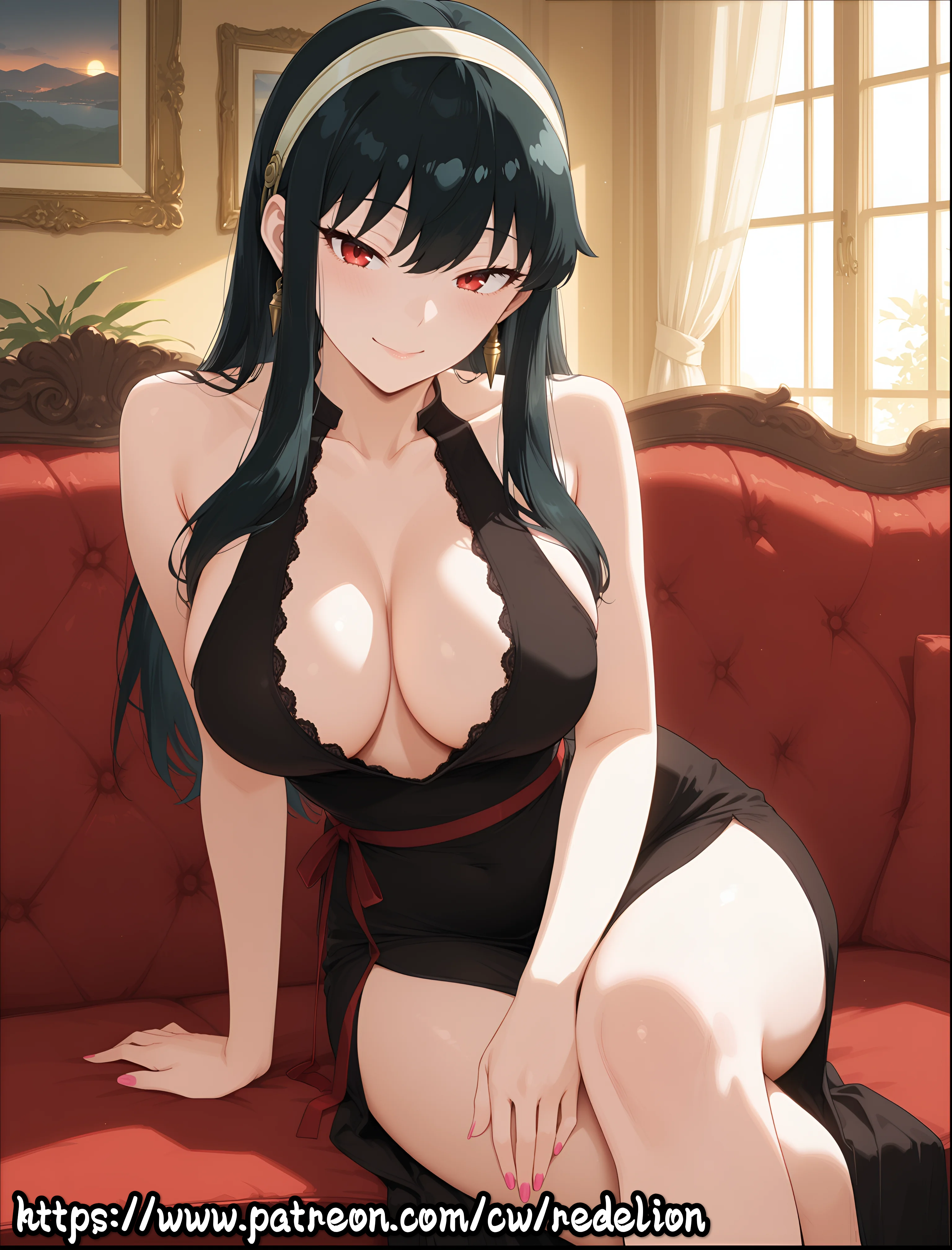 1girls, ai generated, backless dress, backless outfit, big breasts, black hair, clothed, clothing, collarbone, confident, couch, couch sitting, curvaceous, curvaceous body, curvaceous female, curvaceous figure, curvaceous hips, curvaceous thighs, curvy, curvy body, curvy female, curvy figure, curvy hips, curvy thighs, earrings, elegant, female, female focus, female only, half-closed eyes, head tilt, indoors, lace, lace trim, lace-trimmed bra, large breasts, legs, legs crossed, light skin, light-skinned female, long hair, mature, mature female, milf, morning, motherly, motherly figure, nail polish, nails, nails painted, off shoulder, partially clothed, picture frame, pink nail polish, pink nails, plunging neckline, red eyes, redelion, ribbon, seductive, seductive body, seductive eyes, seductive gaze, seductive look, seductive pose, seductive smile, sitting, sitting on sofa, sleeveless, sleeveless dress, sleeves, slit, smile, smiling at viewer, soft breasts, solo, spy x family, thick, thick ass, thick eyebrows, thick hips, thick lips, thick thighs, thighhighs, thighs, vintage, voluptuous, voluptuous body, voluptuous female, window, window light, wooden floor, yor forger