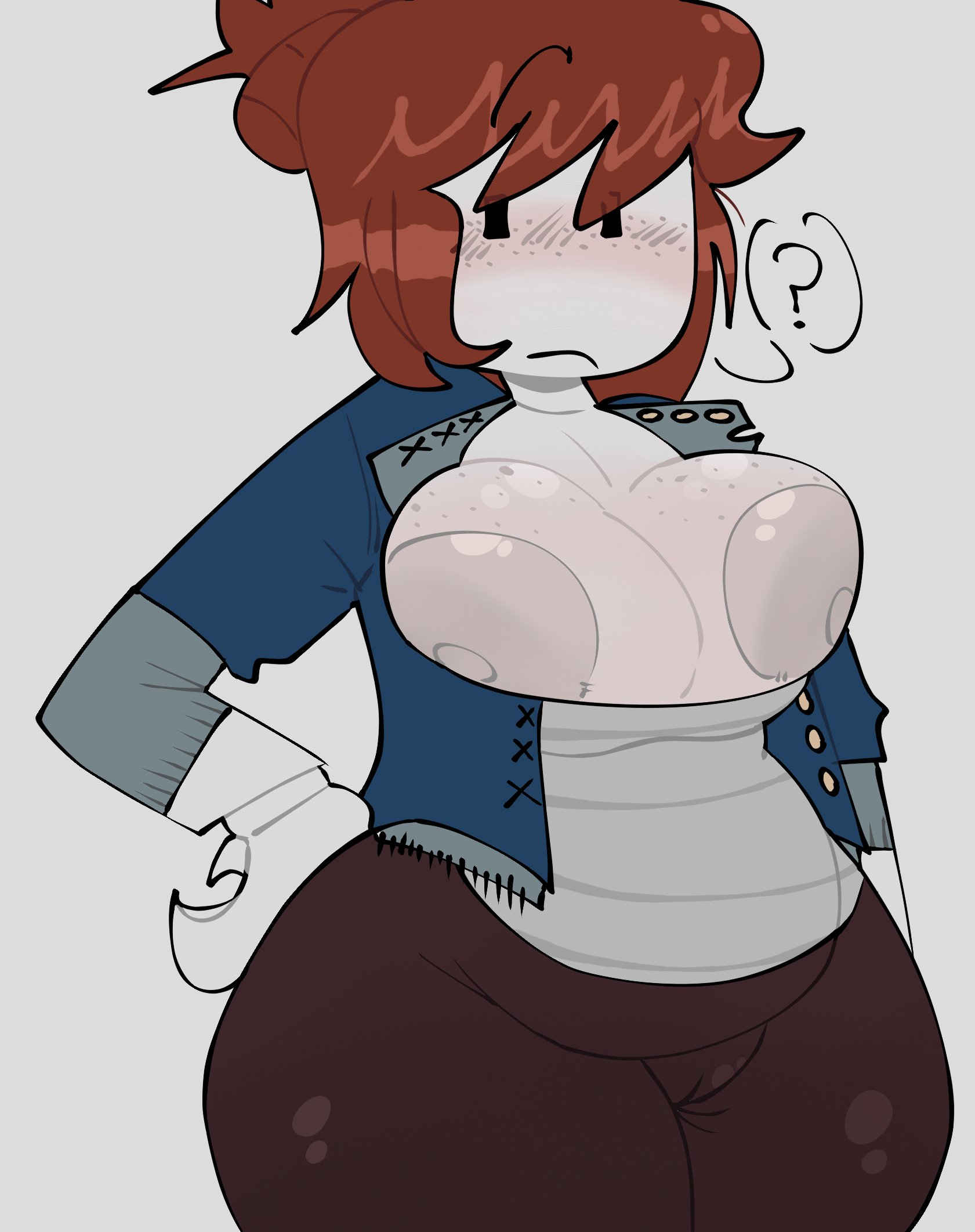 ?, 1girls, acorn hair, areolae, breasts, breasts popping out, cameltoe, clothing, confused, curse nsfw, female, female only, grey skin, hair bun, jacket, medium breasts, nipples, pants, pussy outline, question mark, roblox, robloxian, shirt, solo, tagme, thick thighs, thighs