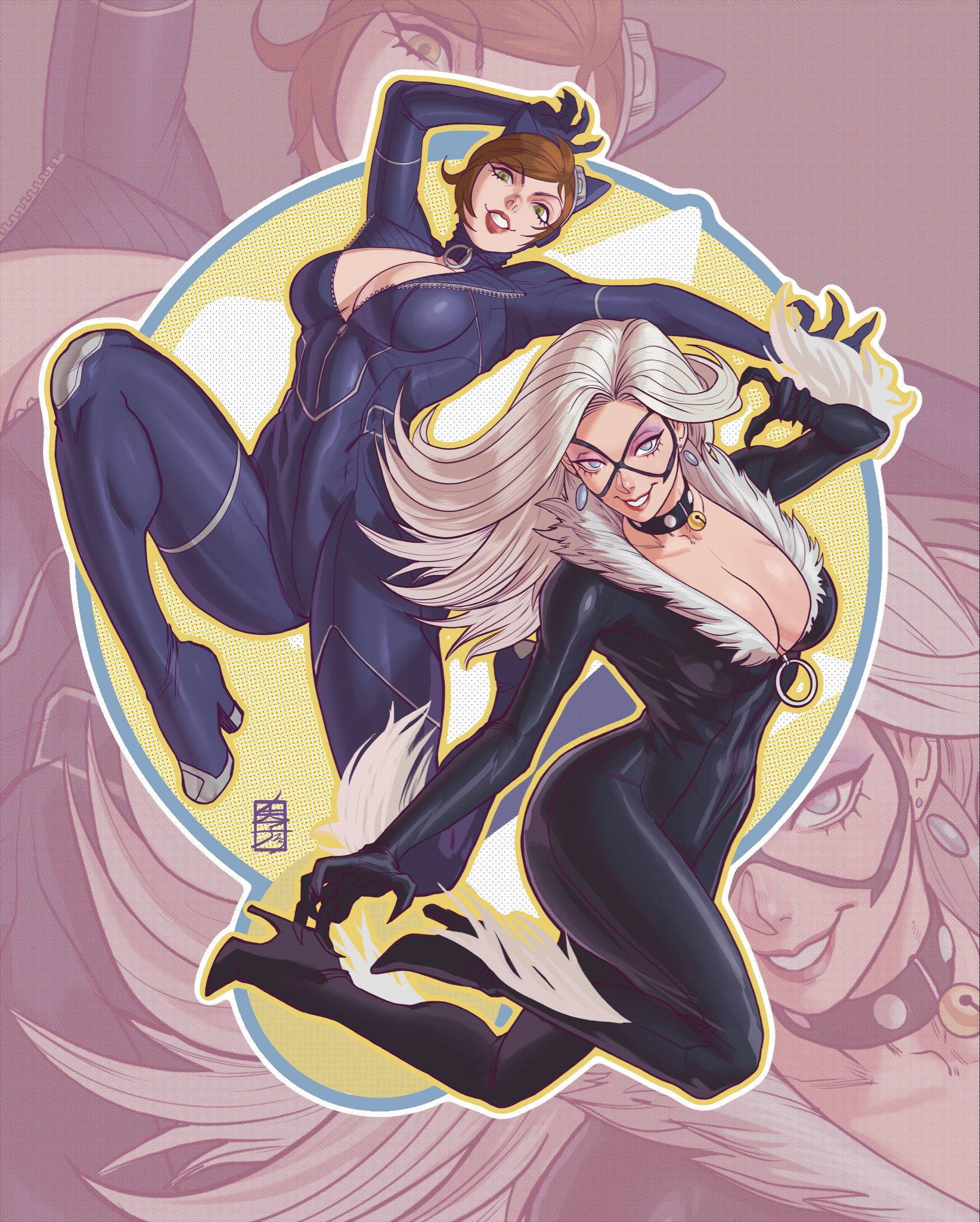 2025, 2girls, acecore, alluring, batman (series), big breasts, black cat (marvel), blue eyes, bodysuit, breasts, brown hair, bursting breasts, catwoman, choker, collar, color, colored, crossover, curvaceous, curvaceous body, curvaceous female, curvaceous figure, curvaceous hips, curvy, curvy body, curvy female, curvy figure, curvy hips, dc, dc comics, domino mask, earrings, enticing, eyelashes, eyemask, eyeshadow, felicia hardy, female, green eyes, hourglass figure, light skin, light-skinned female, long hair, looking at viewer, marvel, marvel comics, mask, masked, masked female, pinup, red lipstick, seducing, seductive, seductive look, selina kyle, short hair, skin tight, slim waist, smile, smiling, smiling at viewer, spider-man (series), superheroine, teasing, teasing viewer, temptation, tempting, tempting viewer, thick breasts, thief, tight clothes, tight clothing, voluptuous, voluptuous female, white fur, white hair, zipper