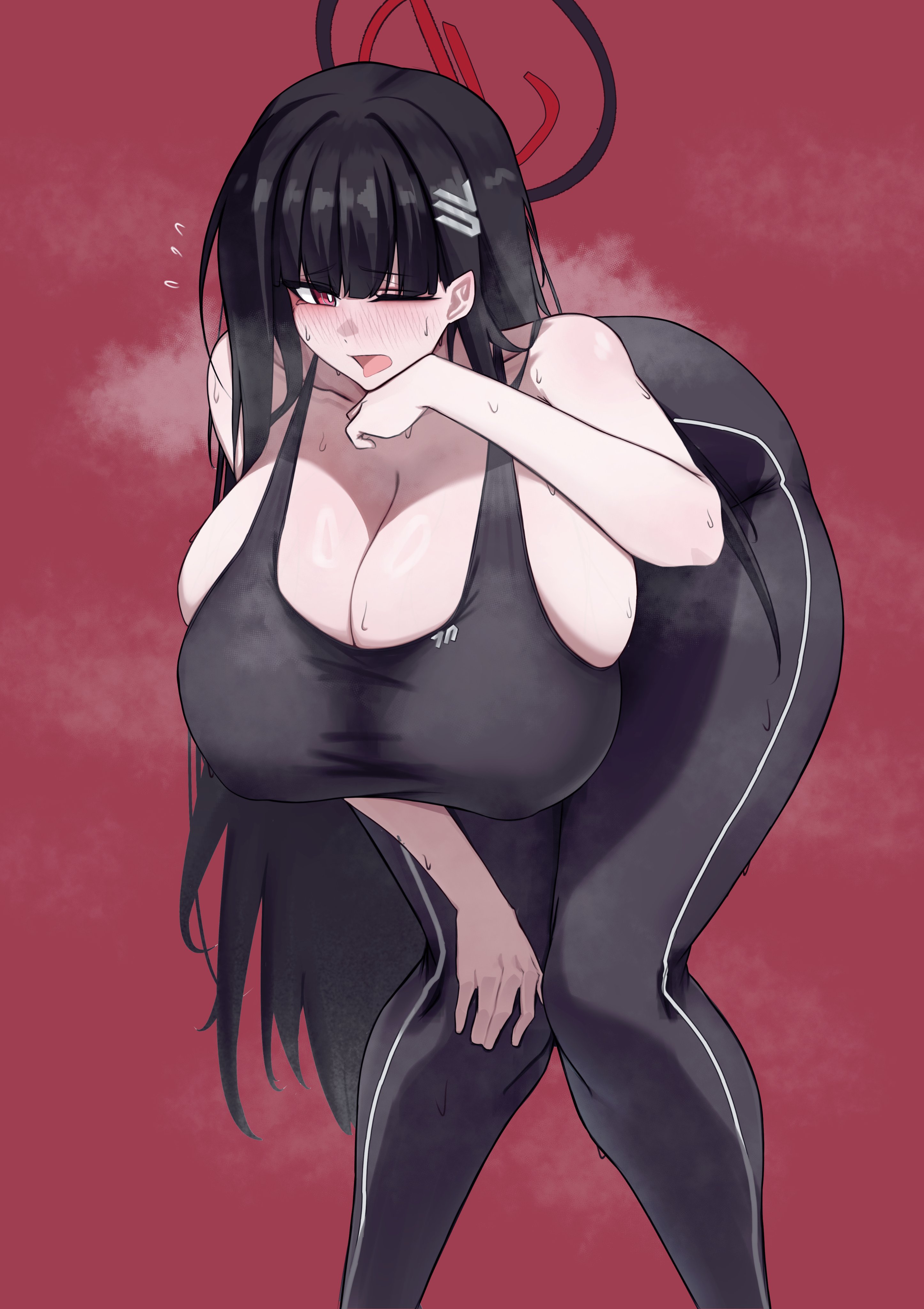 ass visible from the front, big breasts, black hair, blue archive, breasts, breasts bigger than head, cleavage, huge breasts, k dhen, large ass, large breasts, leaning forward, plump breasts, red eyes, rio (blue archive), sports bra, sweat, sweaty, sweaty body, thick thighs, thighs, tired, tired eyes, voluptuous, voluptuous female, wide hips, wide thighs, workout, workout clothes