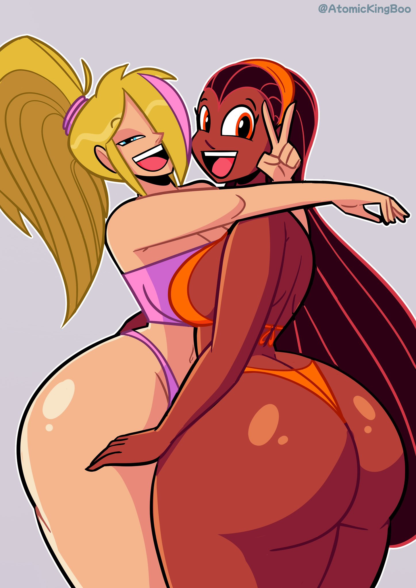 2girls, ass, atomickingboo, big ass, big breasts, breasts, brown body, brown skin, brown-skinned female, busty, curvaceous, curvy, curvy figure, dark hair, dark skin, dark-skinned female, digital media (artwork), dum, fat ass, female, hips, hourglass figure, huge ass, huge breasts, large ass, large breasts, legs, light skin, light-skinned female, mature, mature female, oc, original, original character, original characters, shaylynn summer, susie (atomickingboo), susie carmichael (atomickingboo), the besties (atomickingboo), thick, thick hips, thick legs, thick thighs, thighs, voluptuous, voluptuous female, waist, wide ass, wide hips, wide thighs