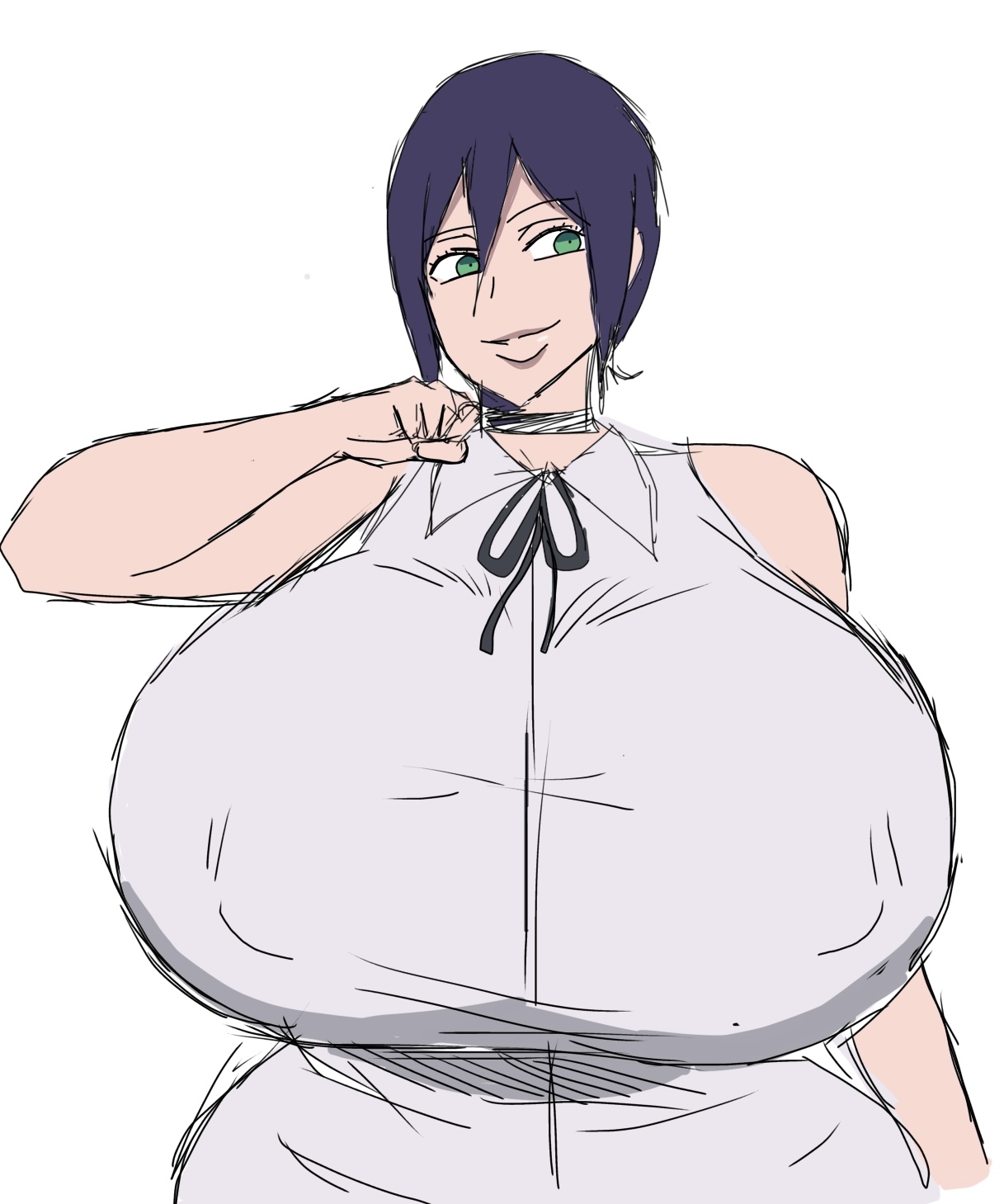 1girls, 2d, 2d (artwork), alternate body type, alternate breast size, bare arms, bare shoulders, big breasts, breasts, breasts bigger than head, busty, busty female, busty girl, chainsaw man, choker, curvy, curvy body, curvy female, curvy figure, digital drawing (artwork), digital media (artwork), female, female focus, female only, green eyes, green eyes female, huge breasts, kissable lips, large breasts, light skin, light skinned female, mature, mature woman, momiji (artist), nipple bulge, pulling, purple hair, purple hair female, reze (chainsaw man), russian, russian female, short hair, short hair female, simple background, solo, solo female, solo focus, upper body, white background