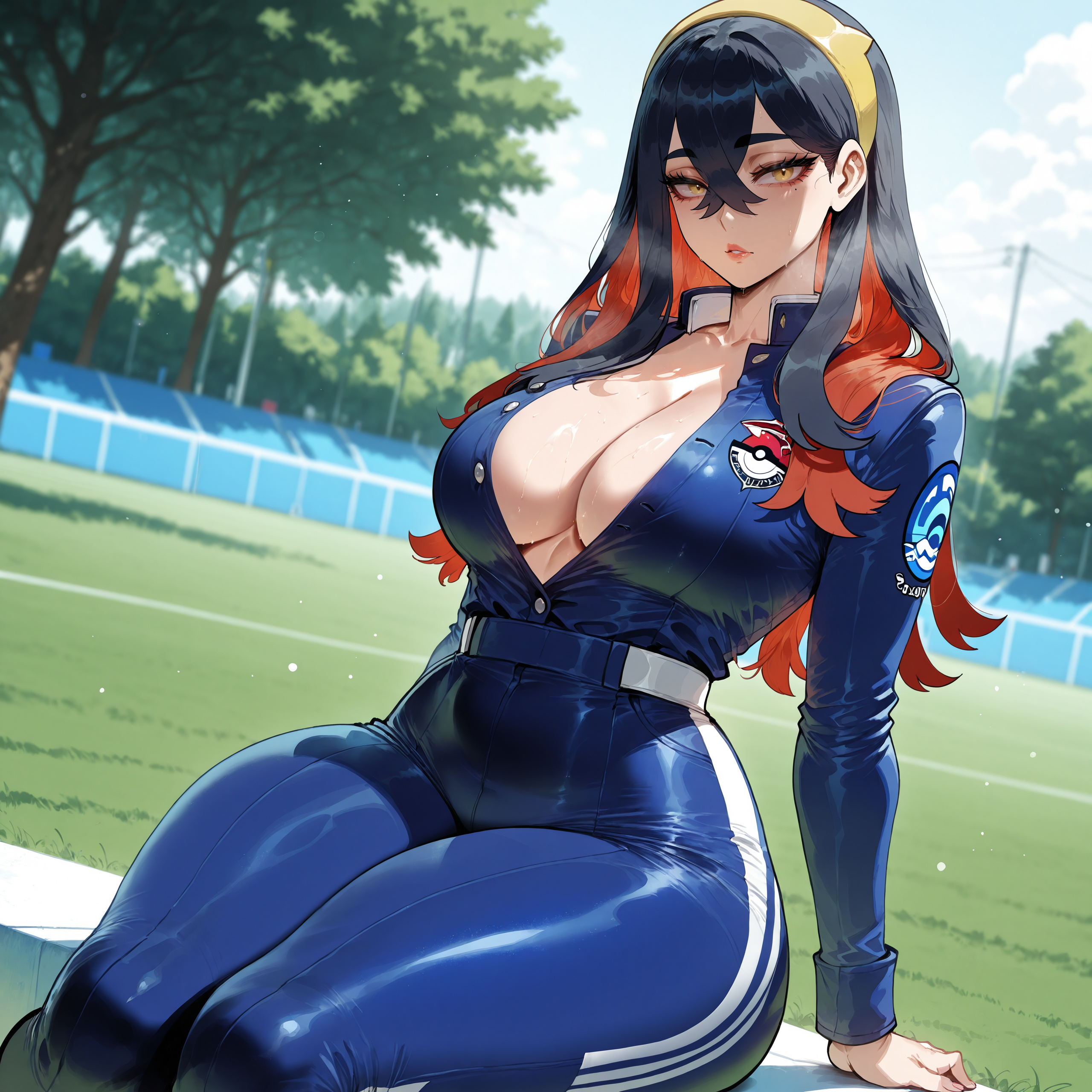 1boy, ai generated, black hair, carmine (pokemon), curvaceous, curvaceous female, curvaceous figure, curvy, curvy body, curvy female, curvy figure, curvy hips, female, miyuai, multicolored hair, pokemon, thick, thick ass, thick legs, thick thighs, uncensored, voluptuous, voluptuous body, voluptuous female, yellow eyes