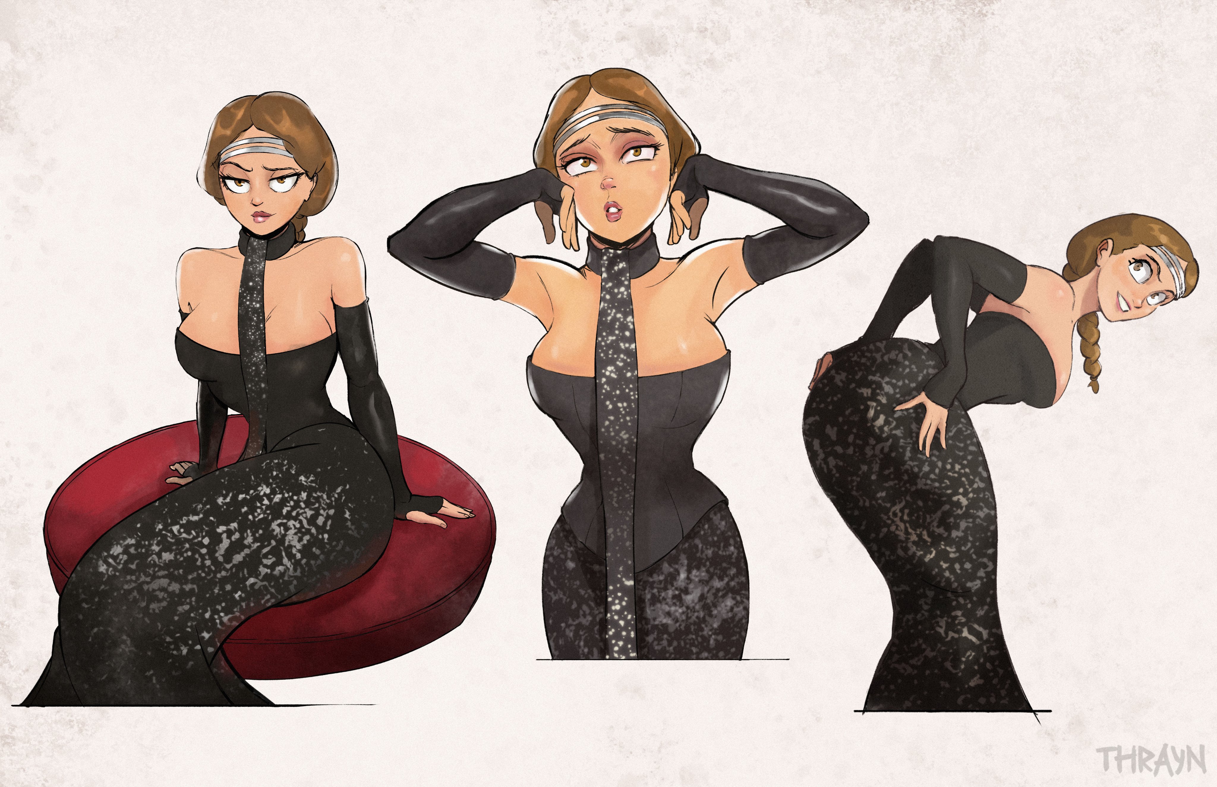 1girls, 2d, absurd res, absurdres, arms up, attack of the clones, bending over, bent over, big breasts, black clothing, breasts, cleavage, clothed, clothed female, clothing, color, corset, dress, elbow gloves, female, female only, fingerless gloves, fully clothed, gloves, hi res, high resolution, highres, hourglass body, hourglass figure, hourglass figured female, looking at viewer, padme amidala, plain background, pose, revealing clothes, scarf, seducing, seduction, seductive, seductive body, seductive eyes, seductive gaze, seductive look, seductive pose, seductive smile, sitting, standing, star wars, tease, teasing, teasing viewer, thrayn, white background