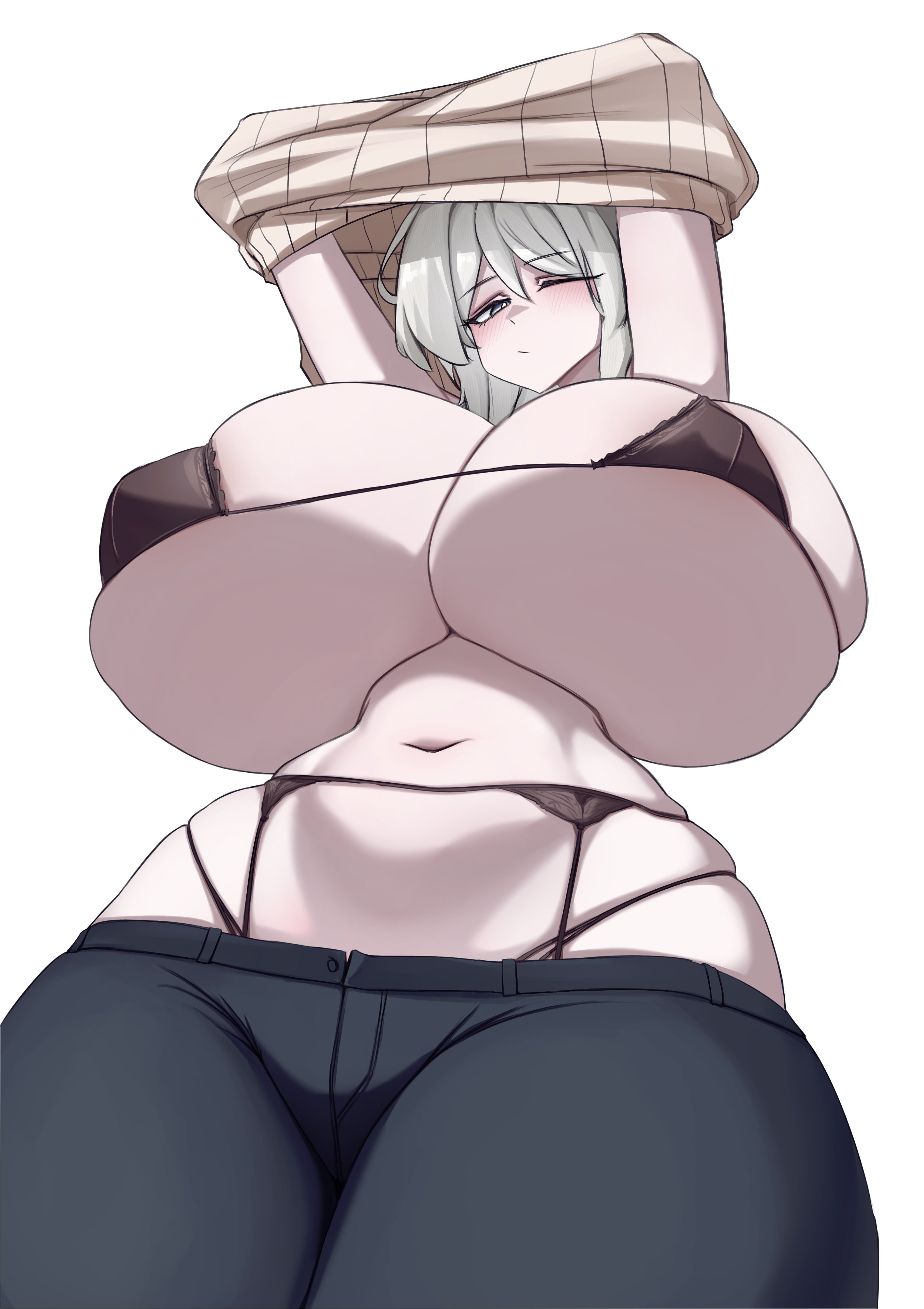 blue eyes, blush, bottom view, bra, breasts, child bearing hips, faust (limbus company), grey eyes, grey hair, huge breasts, hyper, hyper breasts, k dhen, lifting shirt, limbus company, low-angle view, massive breasts, project moon, solo, solo female, thick thighs, underboob, underwear, undressing, voluptuous, white hair
