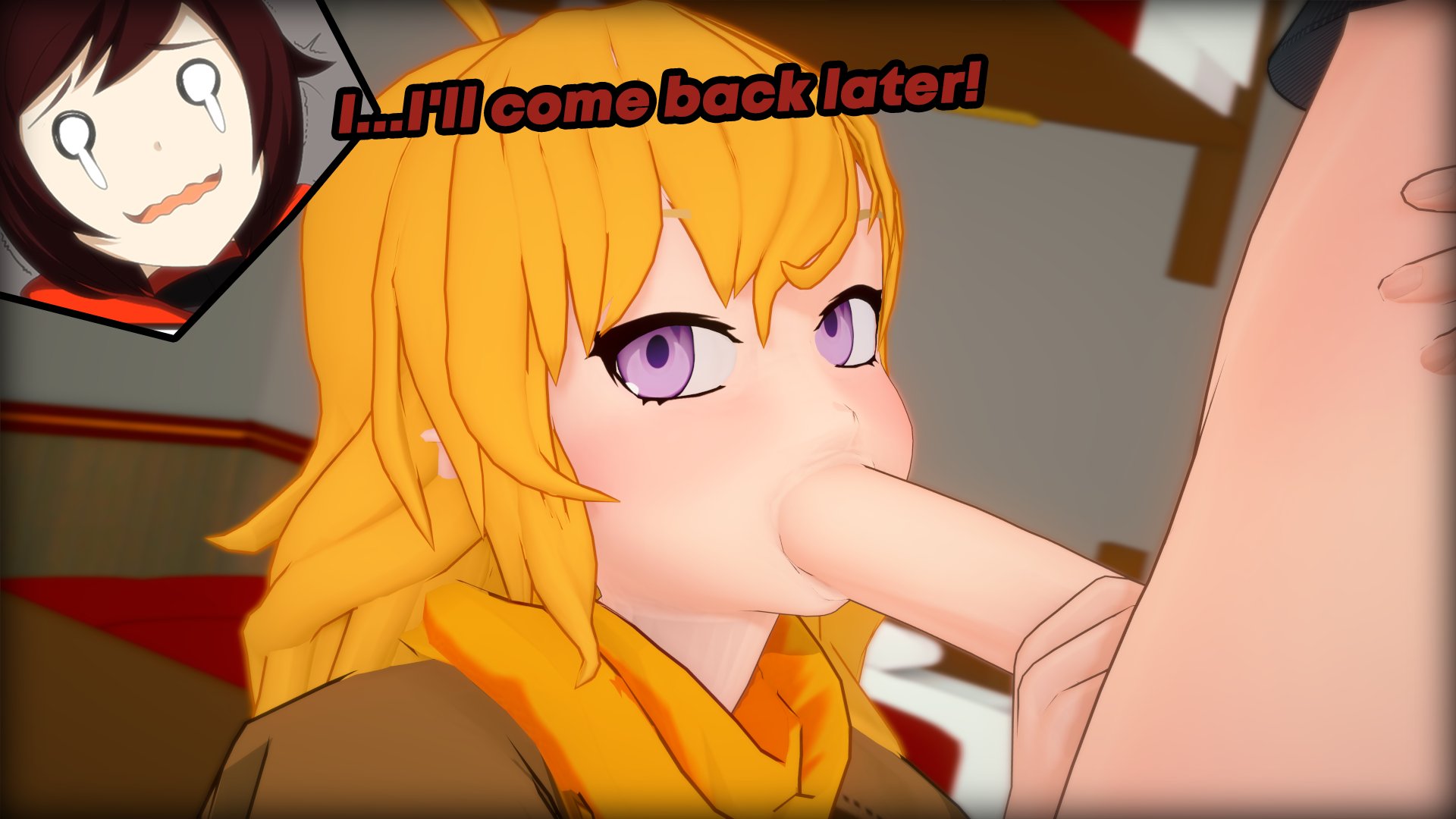 1boy, 2girls, 3d, black hair, black hair female, blonde female, blonde hair, blowjob, clothed female, embarrassed, erect penis, long hair, long hair female, nyxxzeiss, purple eyes, ruby rose, rwby, yang xiao long