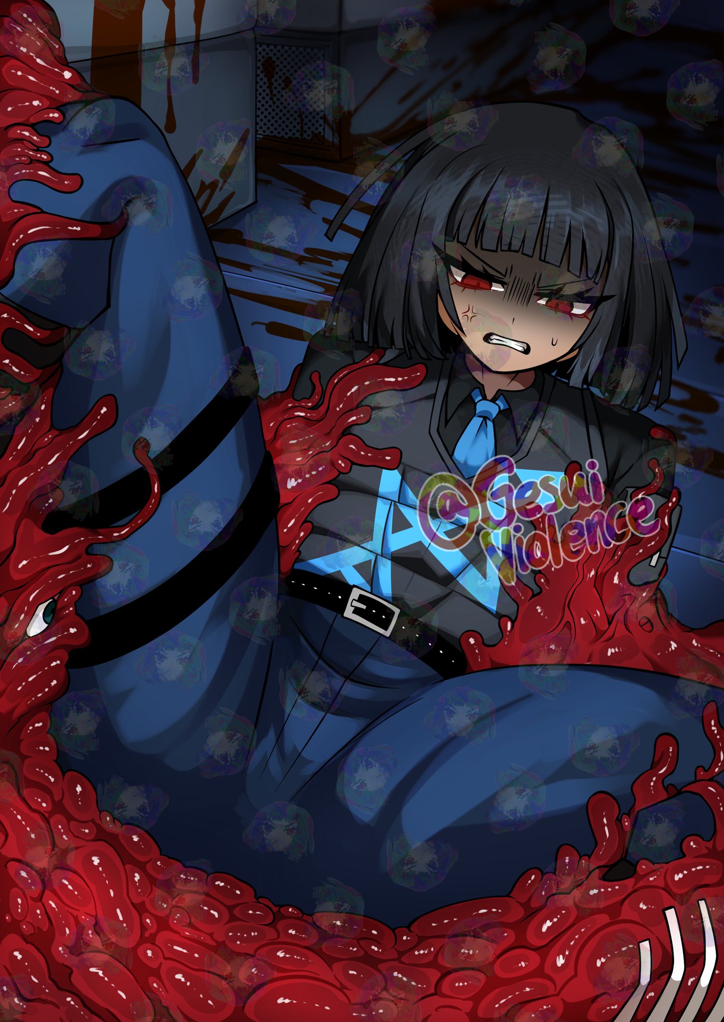 1girls, angry, belt, black hair, blood, blood splatter, bob cut, clothed, clothing, female, gesuiviolence, gritted teeth, limbus company, necktie, on floor, pants, project moon, red eyes, ryoshu (limbus company), slime, slime monster, slime on body, slime rape, slit pupils, solo, straps, sweat, uniform, vest, w corp (identity) (project moon)