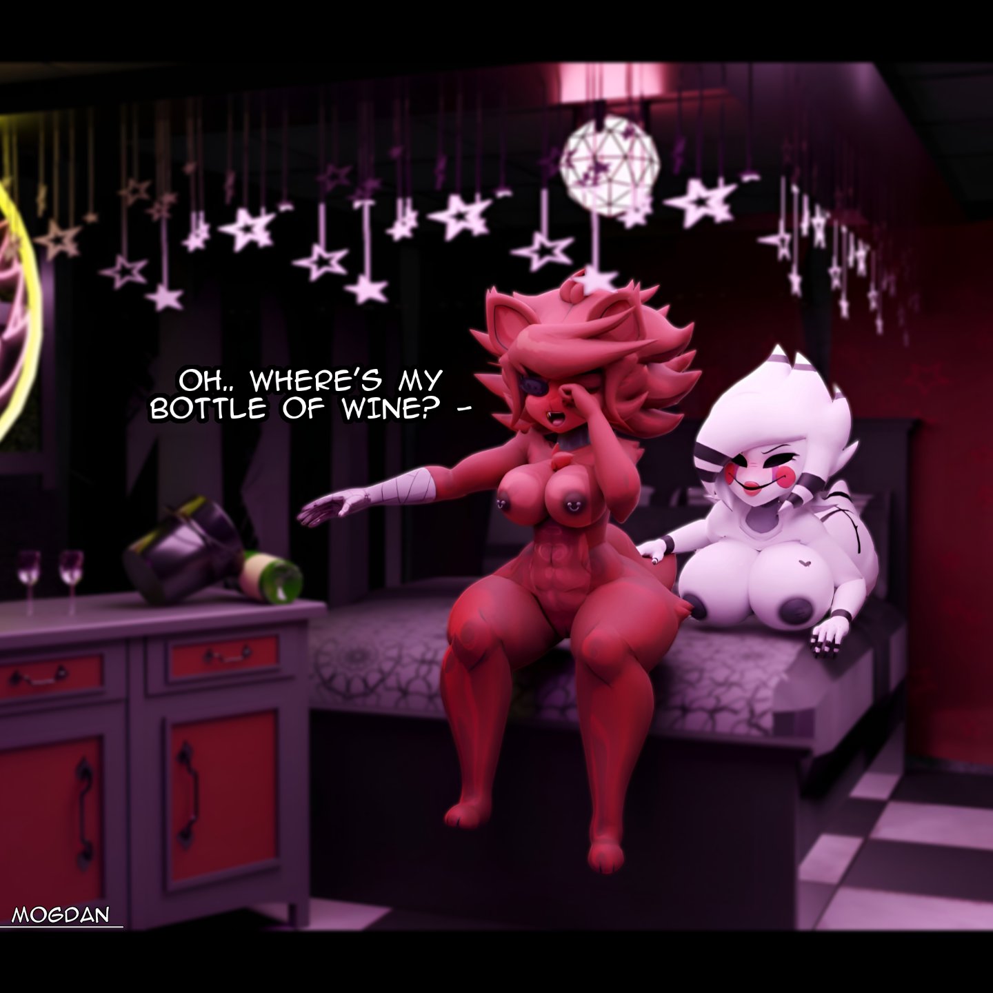 2girls, 3d, anthro, big ass, big breasts, blush, breasts, cryptiacurves, english text, fazclaire's nightclub, female only, fexa, five nights at freddy's, fox ears, fox girl, fredina's nightclub, furry, laying down, laying on bed, laying on stomach, marie (cally3d), marionette (fnaf), massive ass, massive breasts, mischievous smile, mogdan, nipple piercing, no sex, puppet (fnaf), rubbing eyes, sitt, sitting on bed, tagme, thick thighs, voluptuous, wide hips, yawn