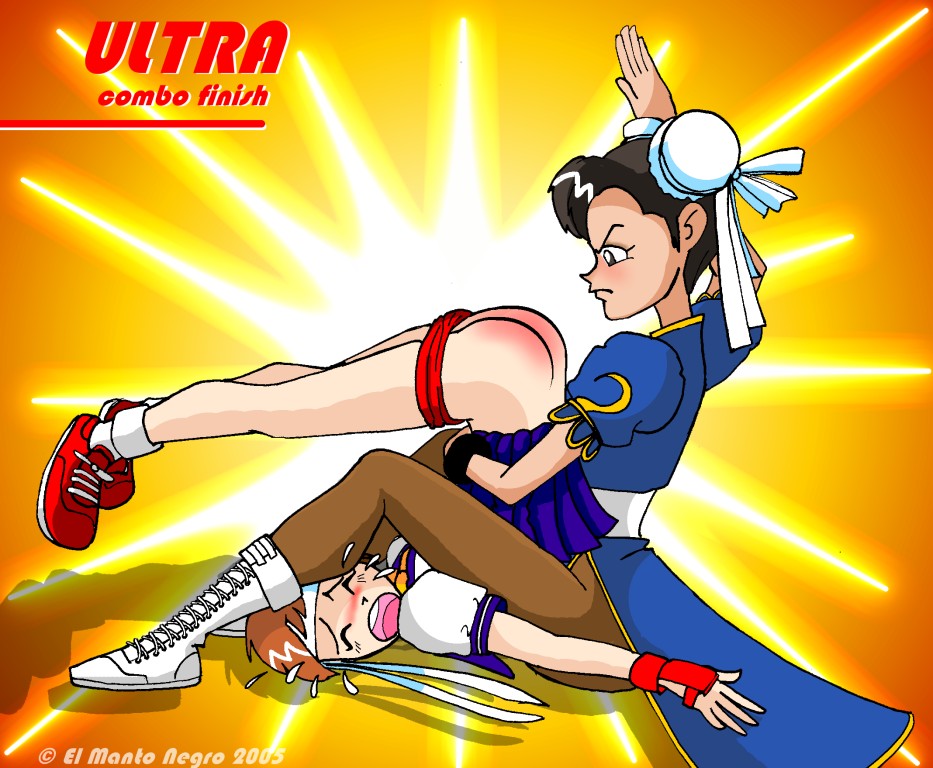 2girls ass chun-li color defeated el_manto_negro female female_only humiliation multiple_girls red_ass sakura_kasugano spanking street_fighter tagme