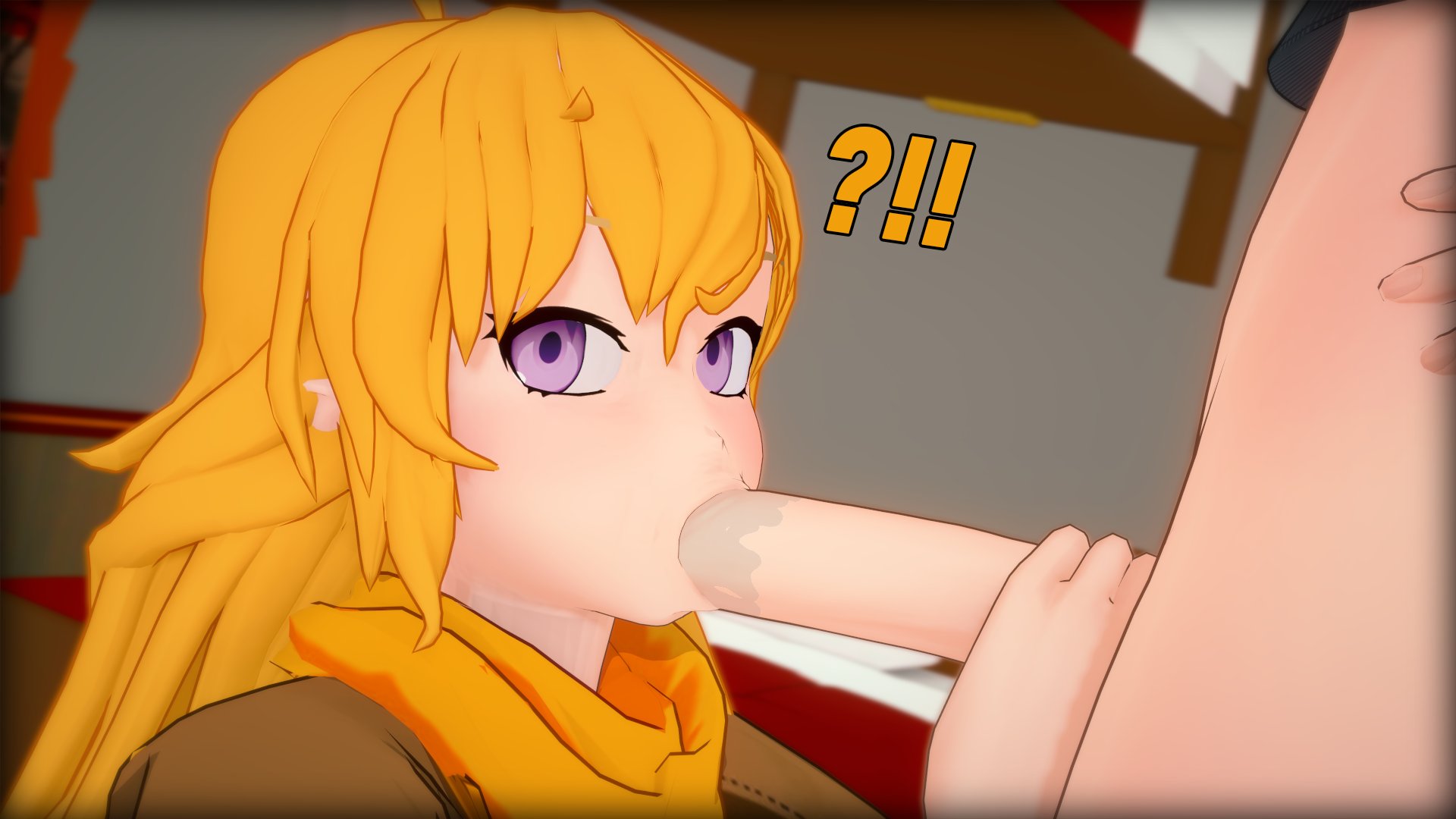 1boy, 1girls, 3d, blonde female, blonde hair, blowjob, clothed female, faceless male, half naked, half naked female, half-dressed, noticed, noticing, nyxxzeiss, purple eyes, rwby, yang xiao long