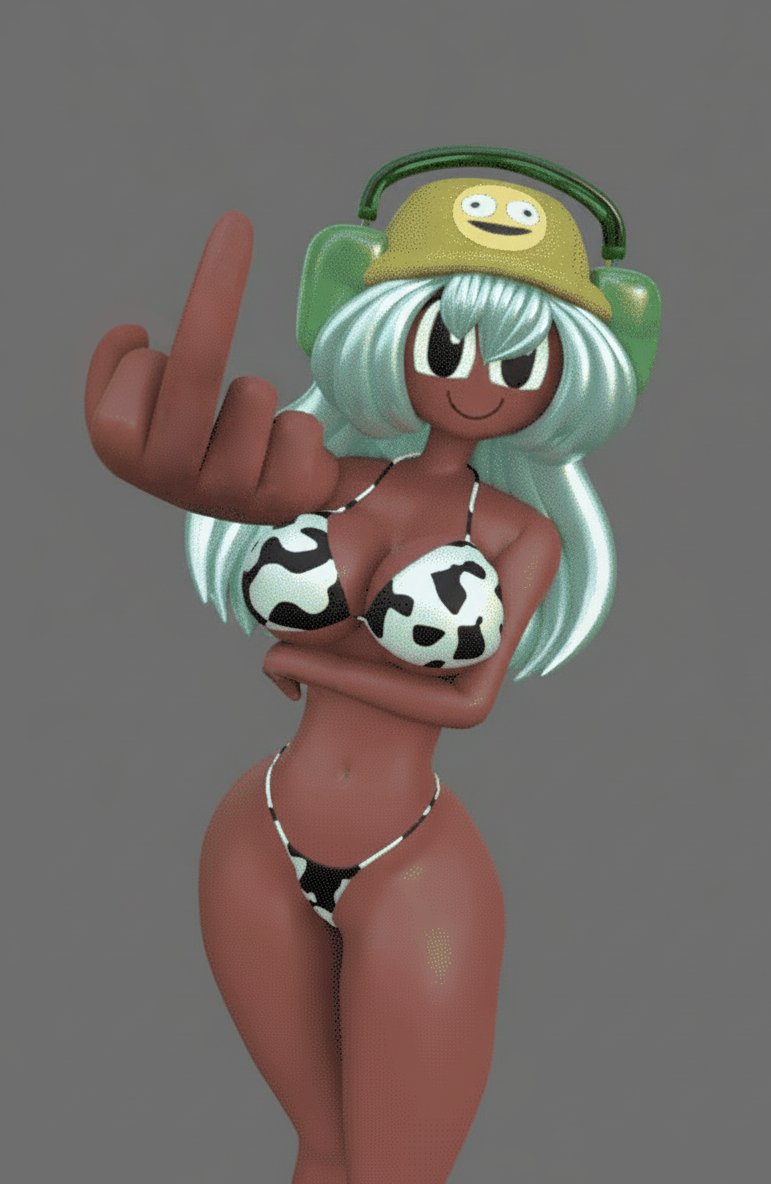 3d, 3d (artwork), arm under breasts, bikini, black eyes, breasts, brown skin, cleavage, cow print, cow print bikini, dark skin, dark-skinned female, dolly dimpley, flipping off, funny, gesture, hand gesture, hat, headphones, holding up breasts, hourglass figure, looking at viewer, middle finger, smile, smiling friends, smiling friends self inserts, solo, solo female, tagme, thick thighs, thighs, wide hips, wyerframez