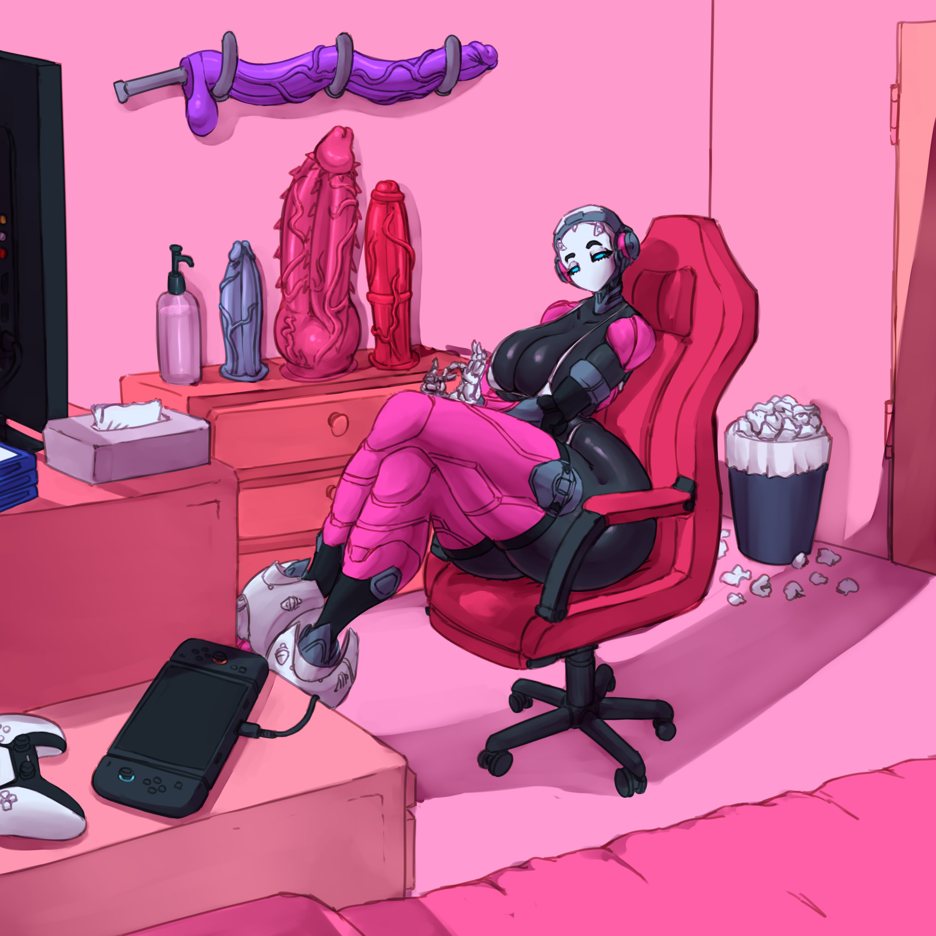 1girls, animal dildo, animal genitalia, animal penis, asking for it, asking for sex, asking viewer, blue eyes, breasts, breasts bigger than head, dildo, dinosaur, drasai, exoprimal, female, female focus, female only, gamer chair, gamer girl, gaming, gaming chair, giant dildo, hand gesture, huge breasts, looking at viewer, lotion, lotion bottle, micro bikini, nimbus (exoprimal), nintendo switch, nintendo switch 2, ps5 controller, robot, robot girl, saidra, sex, sex toy, solo, solo female, solo focus, tissue, tissue box, tissue paper, tissues, wanting sex
