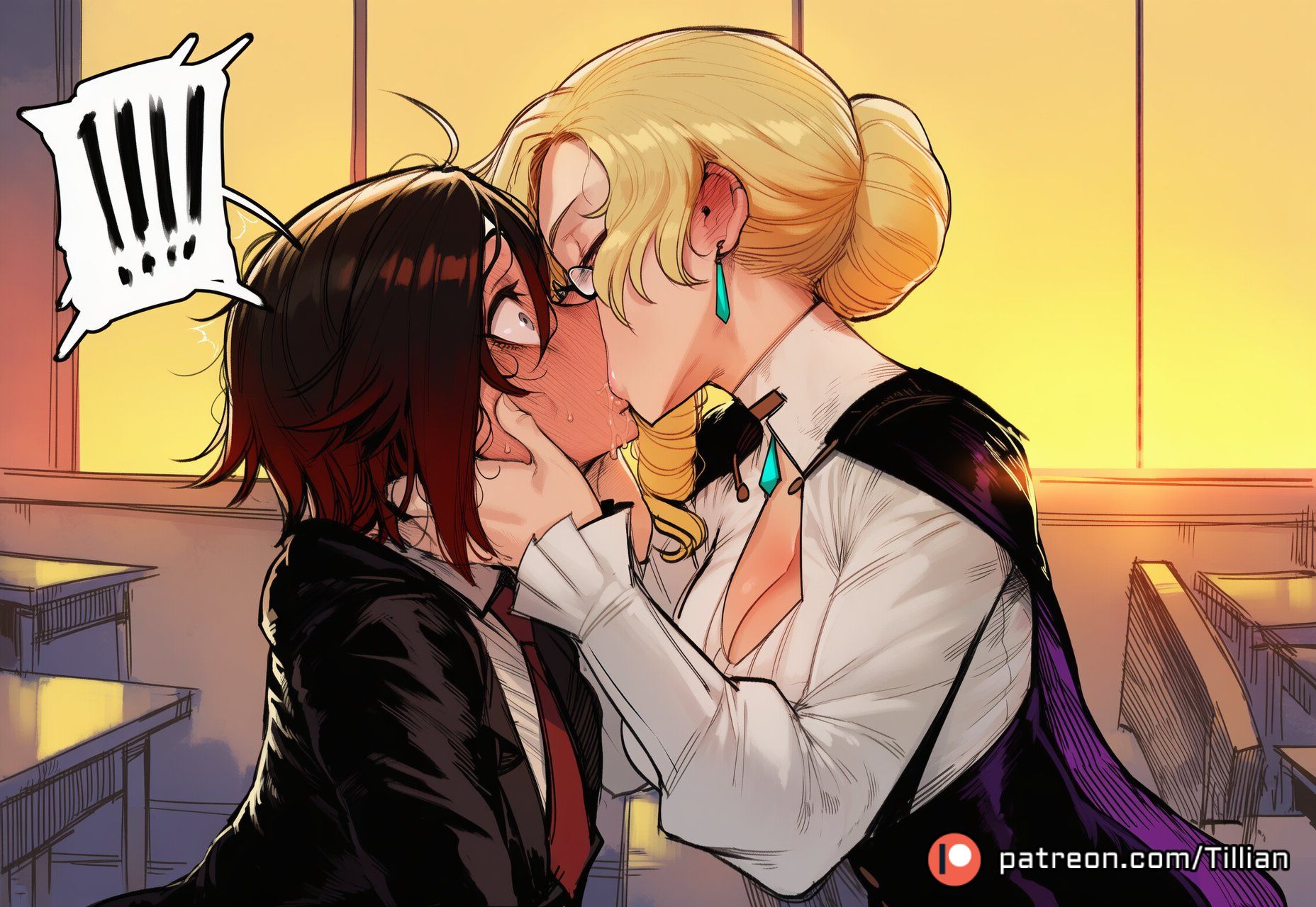!, !!, 2girls, ai generated, black hair, blonde hair, blush, breasts, brown hair, cape, classroom, cleavage, cleavage cutout, closed eyes, desk, drill hair, drooling, earrings, evening, female, female only, formal, french kiss, full-face blush, glasses, glynda goodwitch, gradient hair, grey eyes, hair bun, hands on another's face, indoors, jewelry, kissing, large breasts, looking at another, medium breasts, multicolored hair, multiple girls, necktie, patreon logo, patreon username, red hair, red necktie, ruby rose, rwby, saliva, saliva trail, school desk, school uniform, shirt, short hair, single hair bun, spoken exclamation mark, suit, sunset, surprise kiss, surprised, sweat, teacher, teacher and student, tillian, two-tone hair, web address, white shirt, wide-eyed, window, yuri