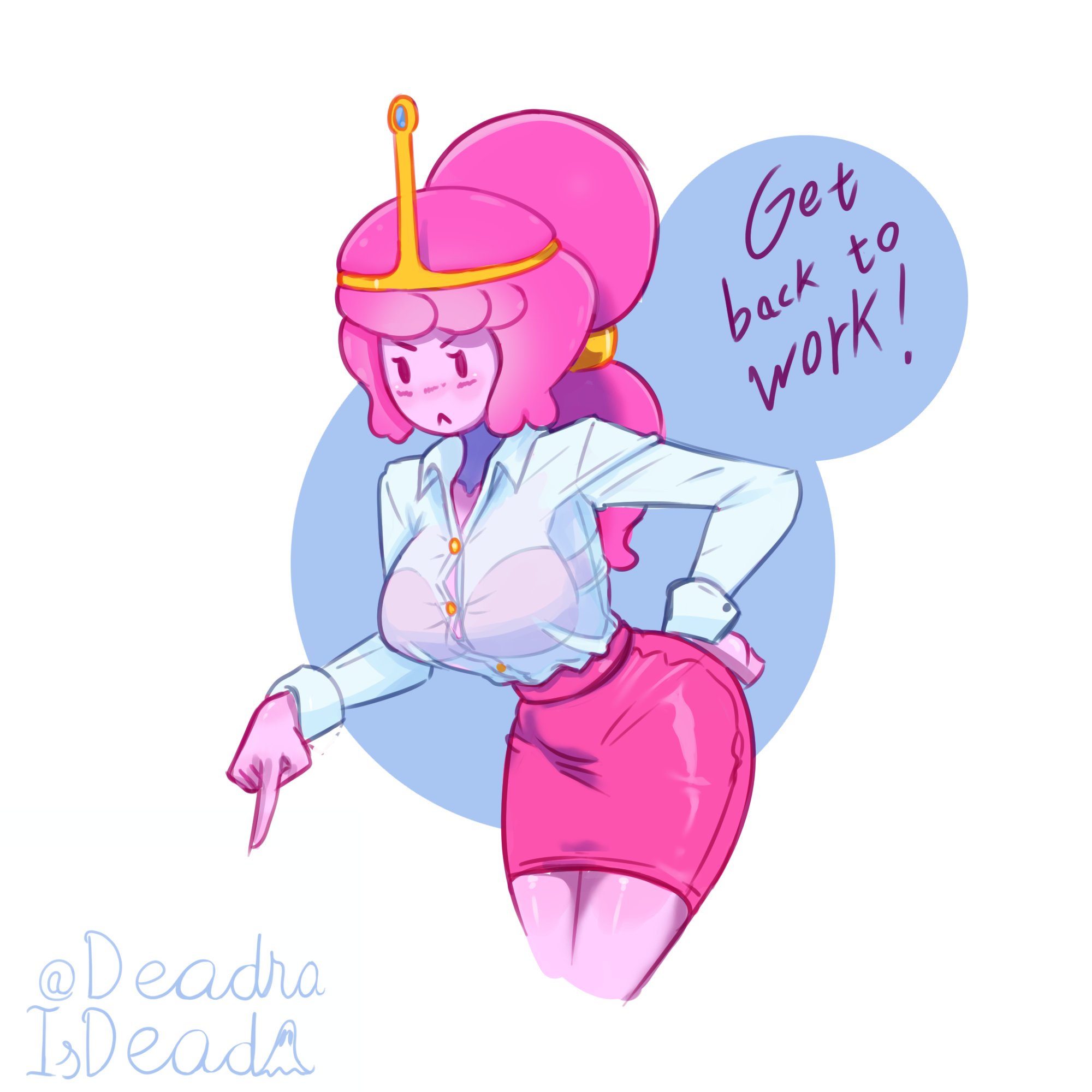 1girls, adventure time, artist name, cartoon network, crown, curvy, deadraisdead, english text, hand on hip, office lady, pencil skirt, pink bra, pink hair, pink skin, ponytail, princess bubblegum, see-through, transparent clothing