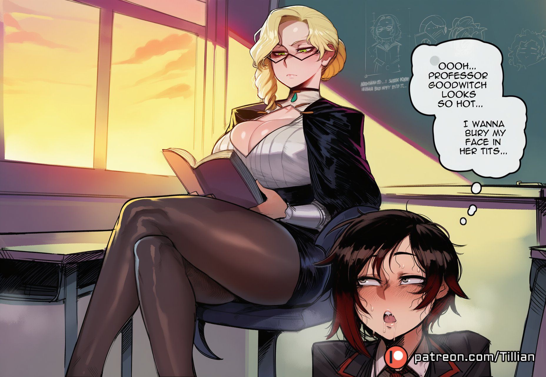 2girls, ai generated, aroused, asymmetrical hair, bespectacled, black hair, black skirt, blonde hair, blush, book, breasts, cape, chair, chalkboard, choker, classroom, cleavage, closed mouth, crossed legs, desk, drill hair, drooling, earrings, english text, female, female only, female pervert, glasses, glynda goodwitch, gradient hair, grey eyes, hair bun, half-closed eyes, heavy breathing, holding, holding book, huge breasts, indoors, jewelry, large breasts, multicolored hair, multiple girls, nose blush, on desk, open book, open mouth, pantyhose, patreon logo, patreon username, pencil skirt, pervert, red hair, ruby rose, rwby, saliva, school chair, school desk, school uniform, semi-rimless eyewear, short hair, single hair bun, sitting, sitting on desk, skirt, sweat, teacher, teacher and student, teeth, thighs, thought bubble, tillian, two-tone hair, web address, window, yellow eyes, yuri