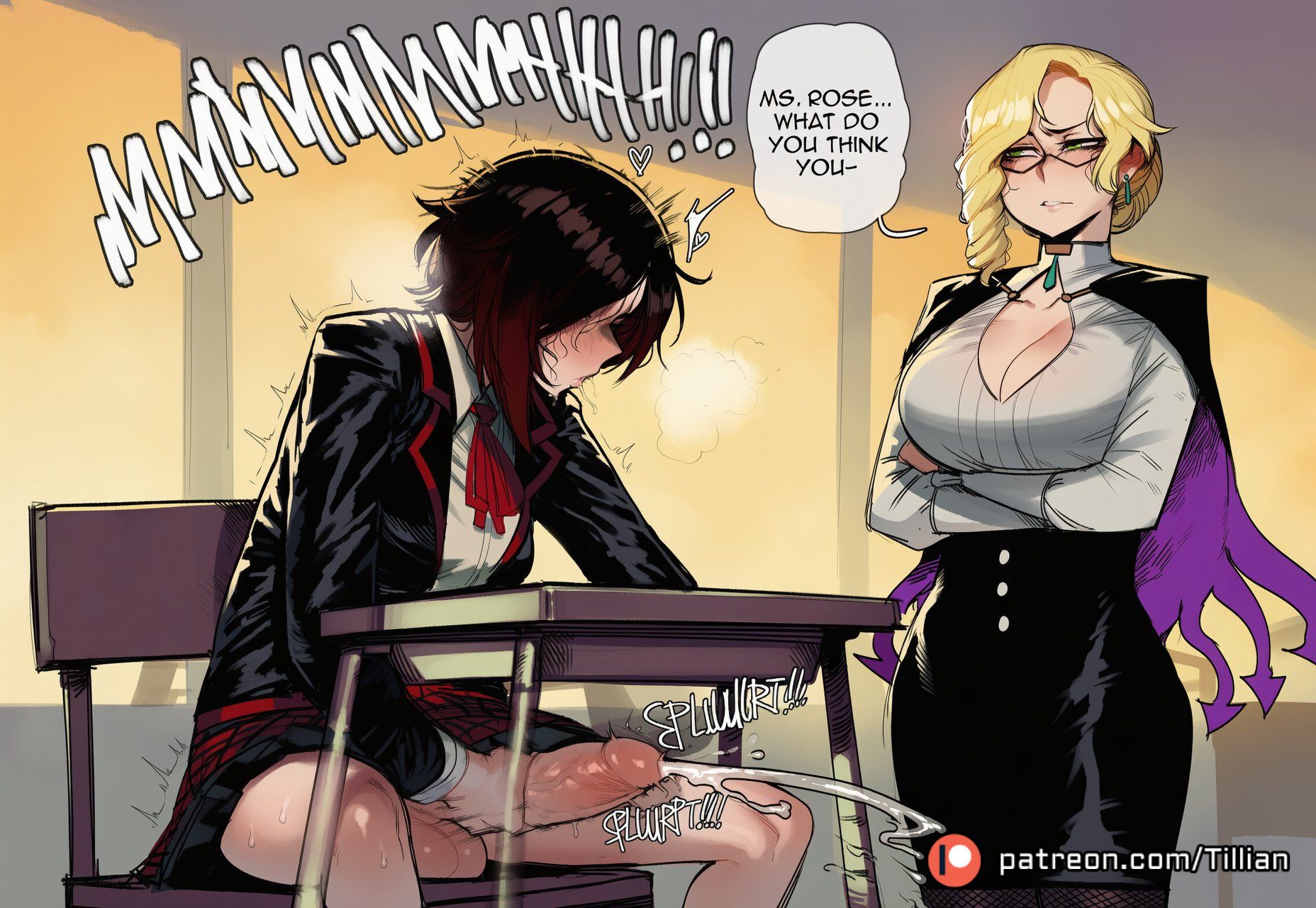 2girls, ai generated, biting own lip, black hair, black skirt, blonde hair, blush, breasts, cape, chair, classroom, cleavage, cleavage cutout, clenched teeth, closed mouth, collared shirt, crossed arms, cum, desk, earrings, ejaculation, english text, erection, futanari, futanari masturbation, glasses, glynda goodwitch, gradient hair, green eyes, hair over one eye, indoors, jacket, jewelry, large breasts, large penis, long hair, long sleeves, masturbation, multicolored hair, multiple girls, on chair, pantyhose, patreon logo, patreon username, penis, projectile cum, red hair, ruby rose, rwby, school desk, school uniform, shirt, short hair, sitting, skirt, speech bubble, stealth sex, sweat, teeth, testicles, tillian, trembling, two-tone hair, uncensored, veins, web address, white shirt