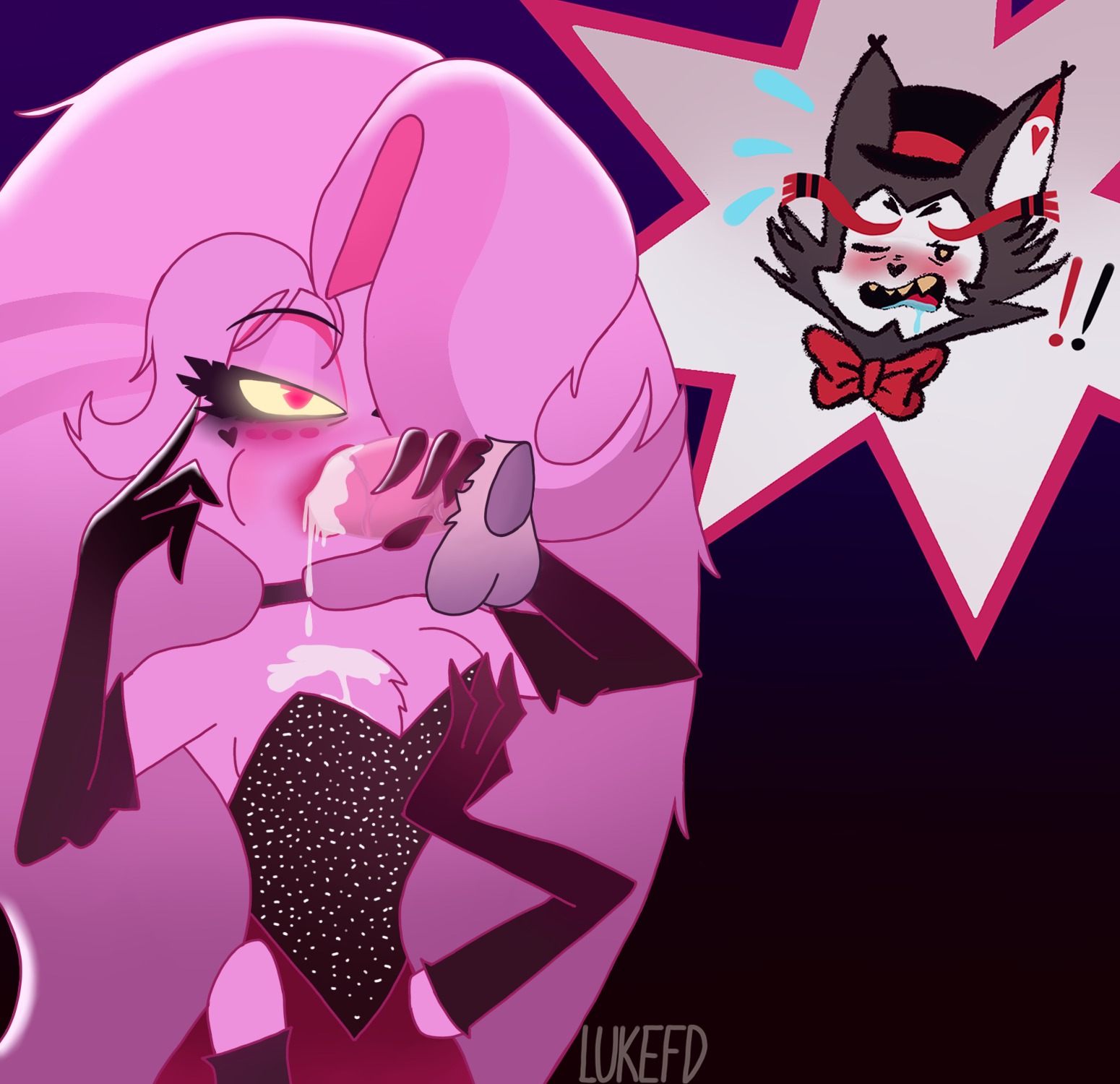 2boys, 4 arms, angel dust (hazbin hotel), angel in drag (hazbin hotel), armwear, blowjob, busty male, cheek bulge, choker, drag (fashion), drag queen, eye covered, fake eyelashes, fellatio, fur, fur tuft, gay, gay blowjob, gay sex, glitter dress, hair covering eye, hazbin hotel, husk (hazbin hotel), lipstick, long eyelashes, lukefd, male only, oral, oral sex, pink eyes, pink lipstick, red bowtie, sparkling dress, spider humanoid, tagme, wig, yellow sclera