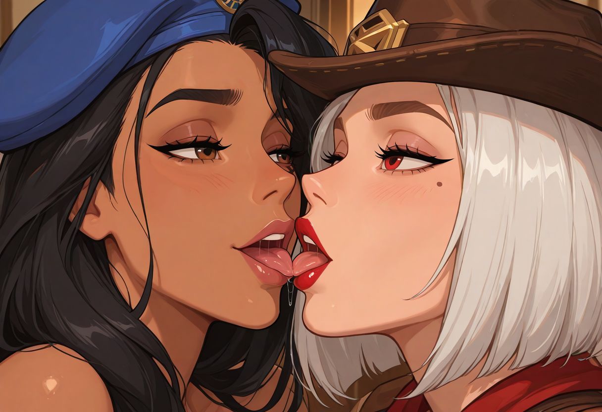 2girls, ai generated, ana amari, ashe (overwatch), black hair, blizzard entertainment, bob cut, captain amari, dark skin, dark-skinned female, female, female only, kissing, lesbian kiss, light skin, light-skinned female, overwatch, overwatch 2, red eyes, short hair, white hair, young ana amari, yuri