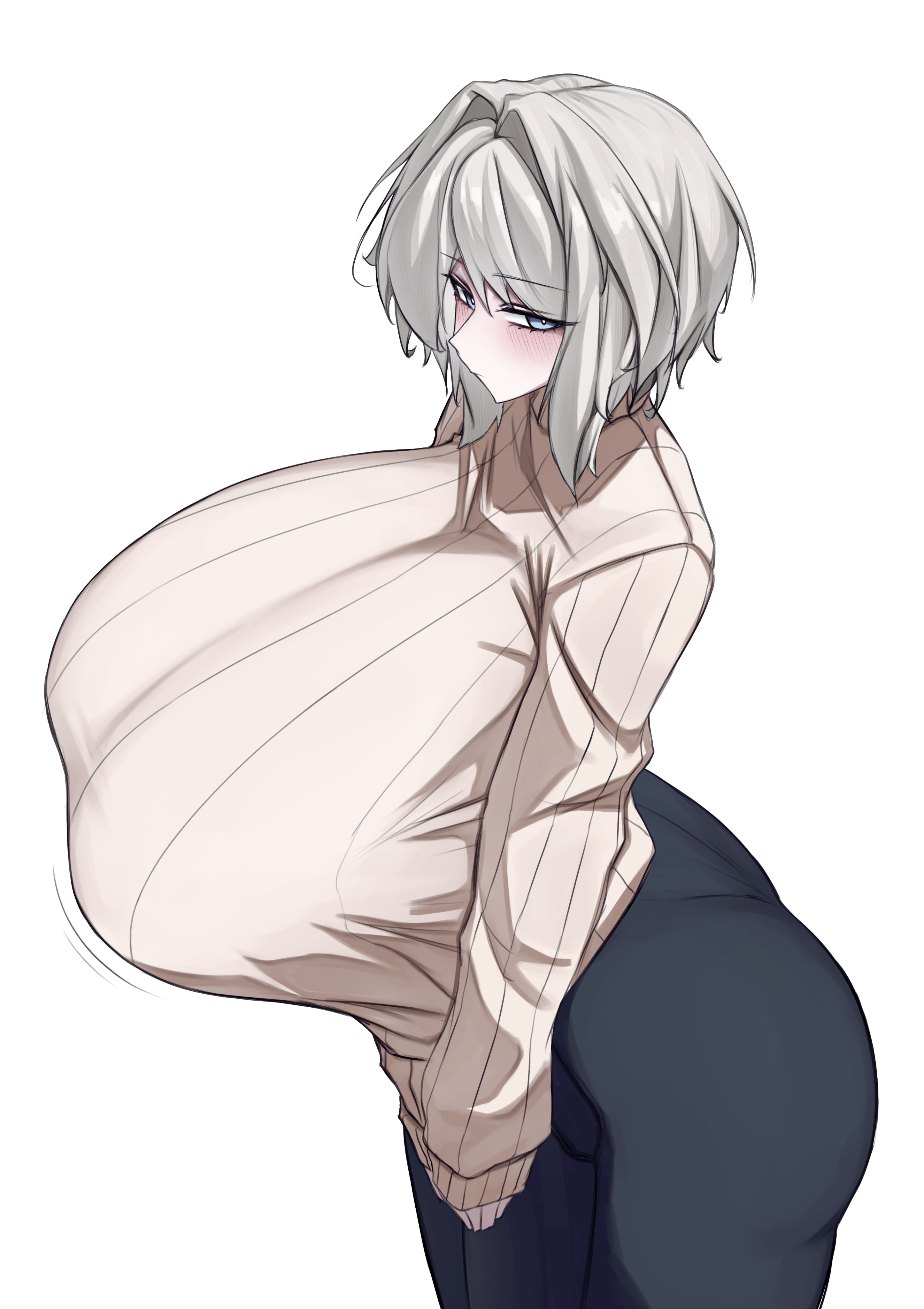 ass, big breasts, blue eyes, blush, breasts, child bearing hips, clothed, clothing, faust (limbus company), female, fully clothed, grey eyes, grey hair, huge ass, huge breasts, hyper, hyper breasts, k dhen, limbus company, massive breasts, project moon, solo, solo female, sweater, thick thighs, tight clothing, voluptuous, white hair