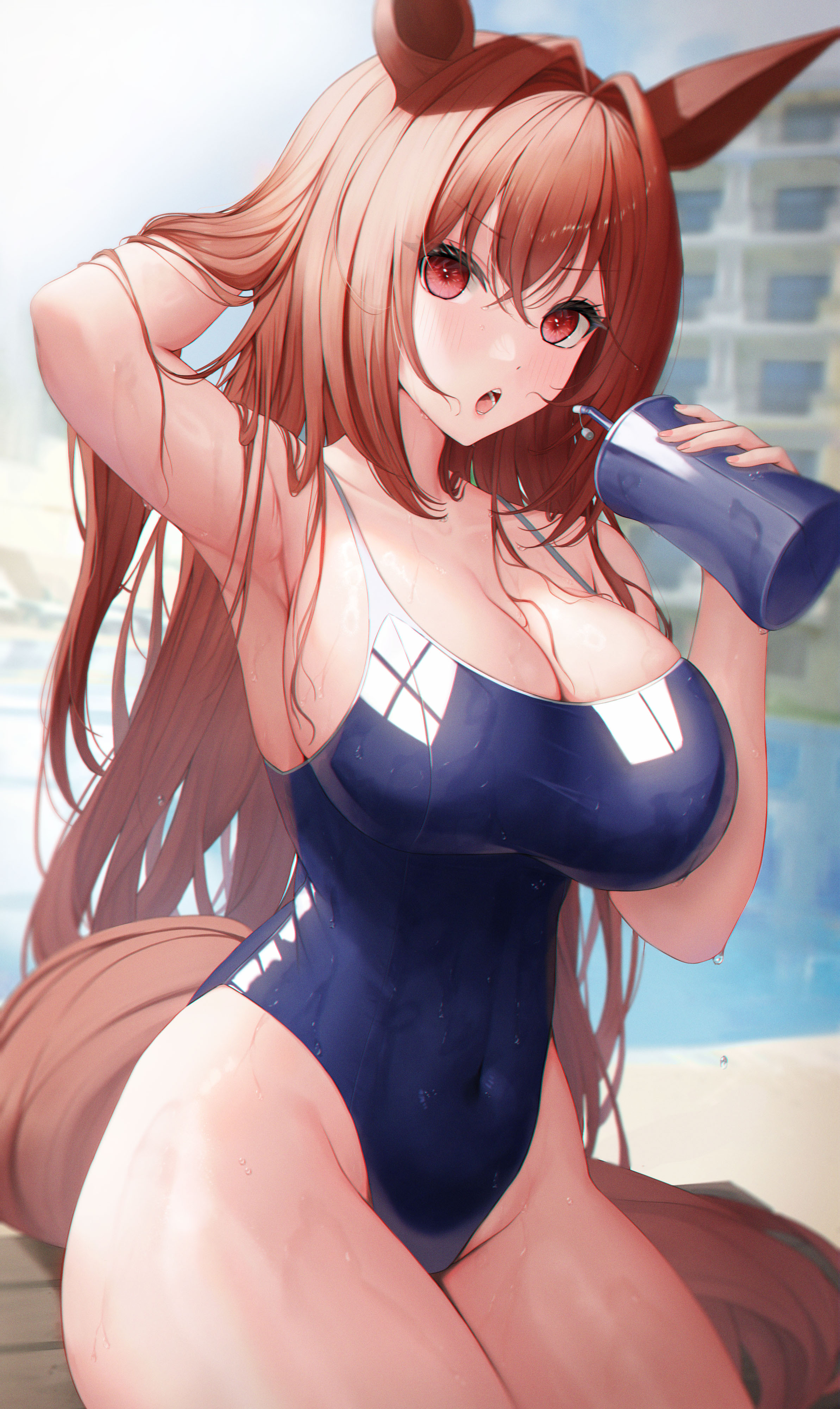 1girls, armpits, big boobs, big breasts, big tits, boobs, breasts, bsmage, daiwa scarlet (umamusume), female, hair between eyes, horse, horse girl, hourglass figure, long hair, long hair female, navel visible through clothes, open mouth, swimsuit, thick thighs, thighs, tits, umamusume, woman