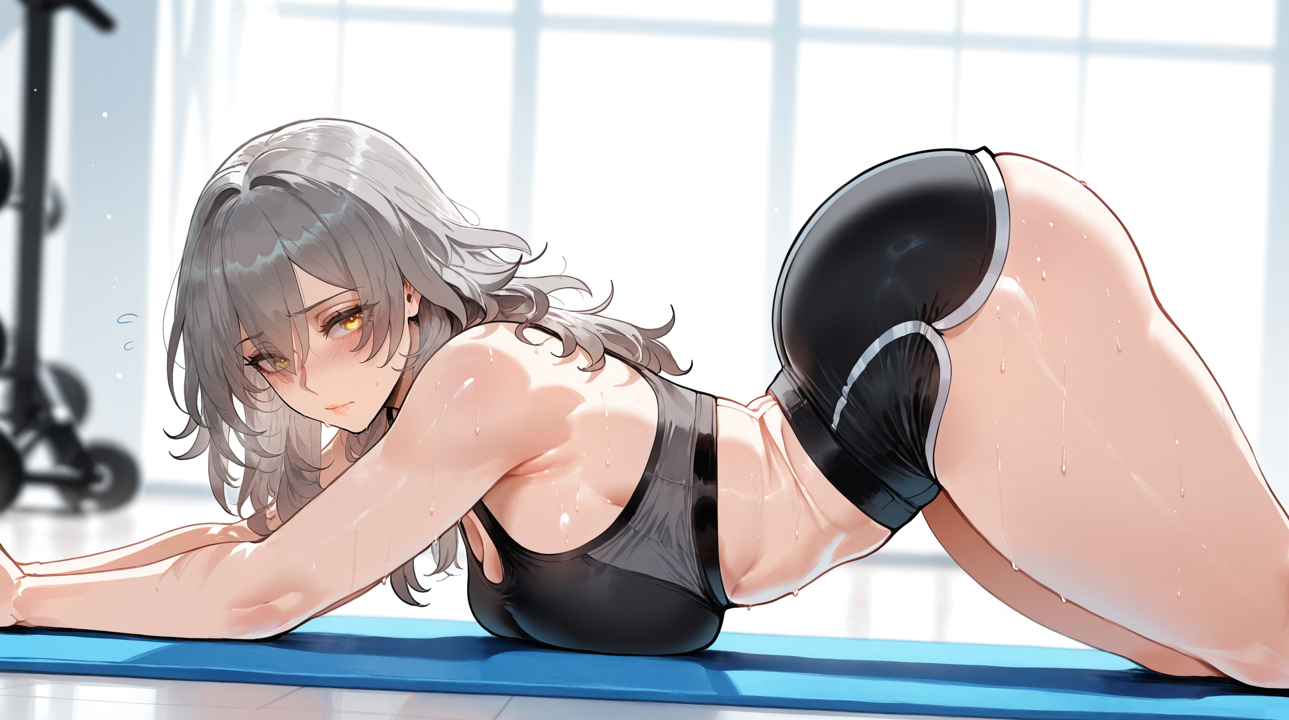 1girls, ai generated, curvaceous, curvaceous female, curvaceous figure, curvy, curvy body, curvy female, curvy figure, curvy hips, female, grey hair, gym, gym uniform, honkai: star rail, miyuai, stelle (honkai: star rail), thick, thick ass, thick legs, thick thighs, uncensored, voluptuous, voluptuous body, voluptuous female, yellow eyes