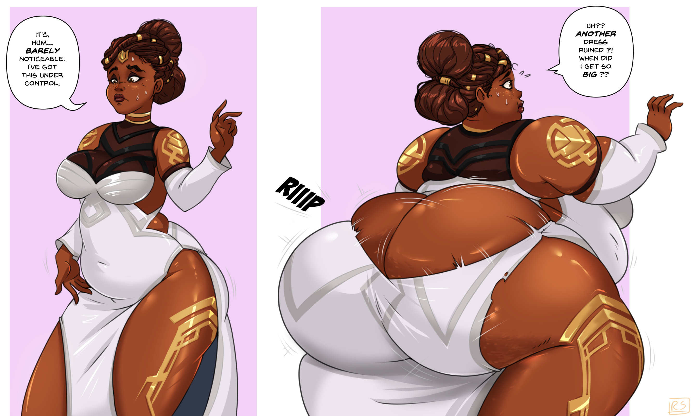 arcane, back view, bbw, belly, big ass, braid, braided hair, chubby, chubby female, dark skin, dark-skinned female, fat ass, fat female, fat male, gaining weight, golden ornaments, huge ass, league of legends, mel medarda, ripped clothing, roundersofter, tummy, weight gain, weight gain female