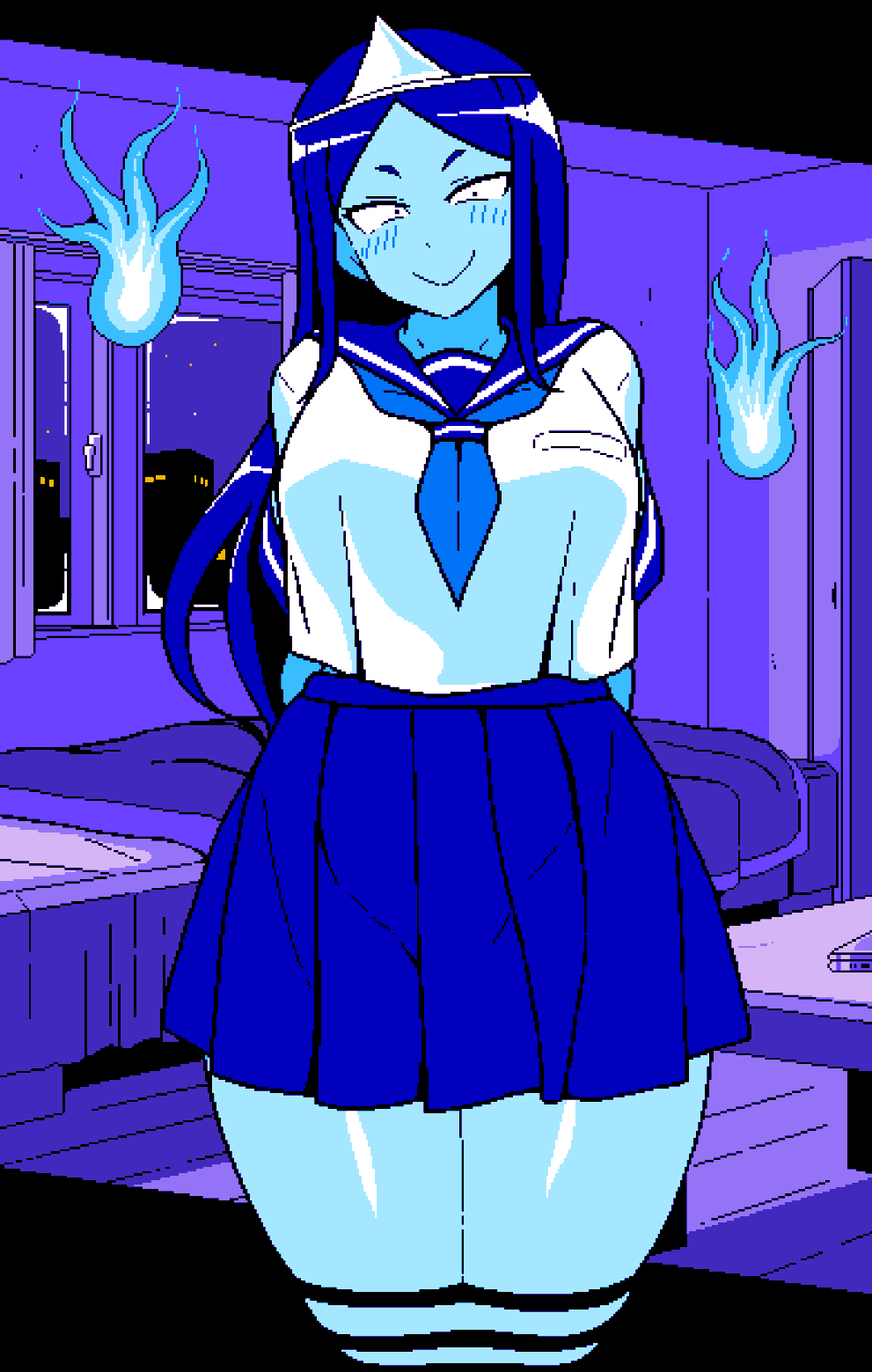 1girls 2d blue_body blue_skin blush breasts clothed female female_only game_cg ghost ghost_(jermaneels) ghost_girl ghost_tail headpiece hitodama huge_breasts jermaneels long_hair pixel_art sailor_uniform school_uniform skirt smile strip_rock-paper-scissors_-_ghost_edition thick_thighs thighs triangular_headpiece