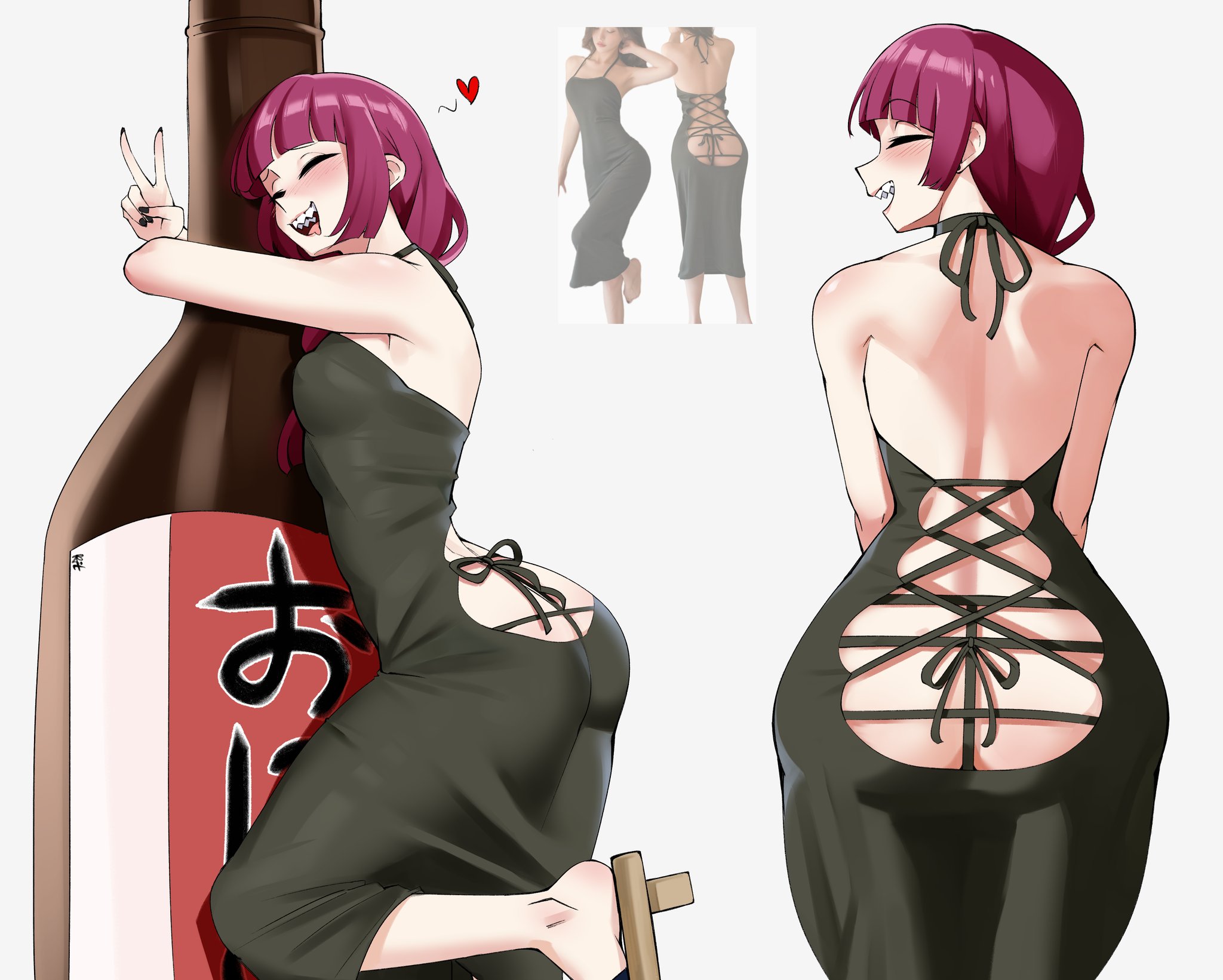 1girls, alcohol, ass, back, blush, bocchi the rock!, braid, breasts, clarkekitsp, closed eyes, dress, drunk, female, female only, from behind, geta, geta sandals, green dress, grin, heart, hiroi kikuri, long hair, looking back, purple hair, sandals, smile